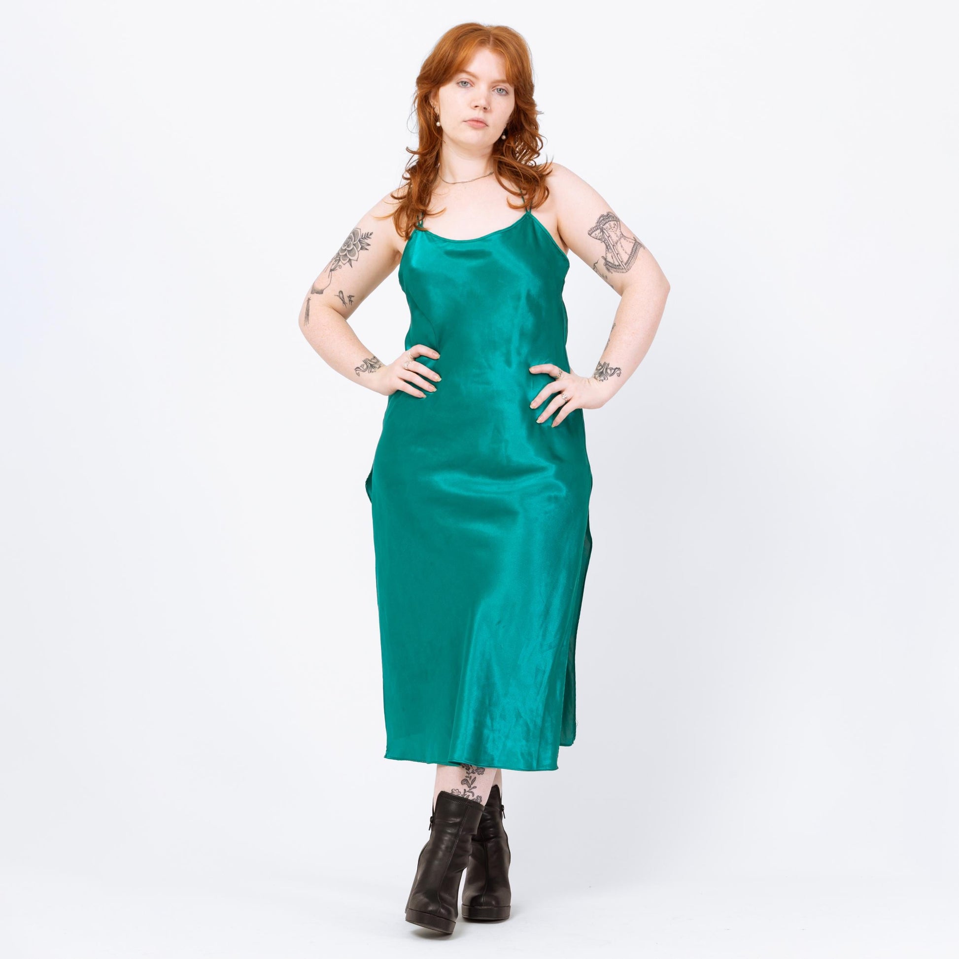 Vintage 80s Teal Satin Slip Dress - Medium | Low Back Lingerie Midi Chemise Nightie