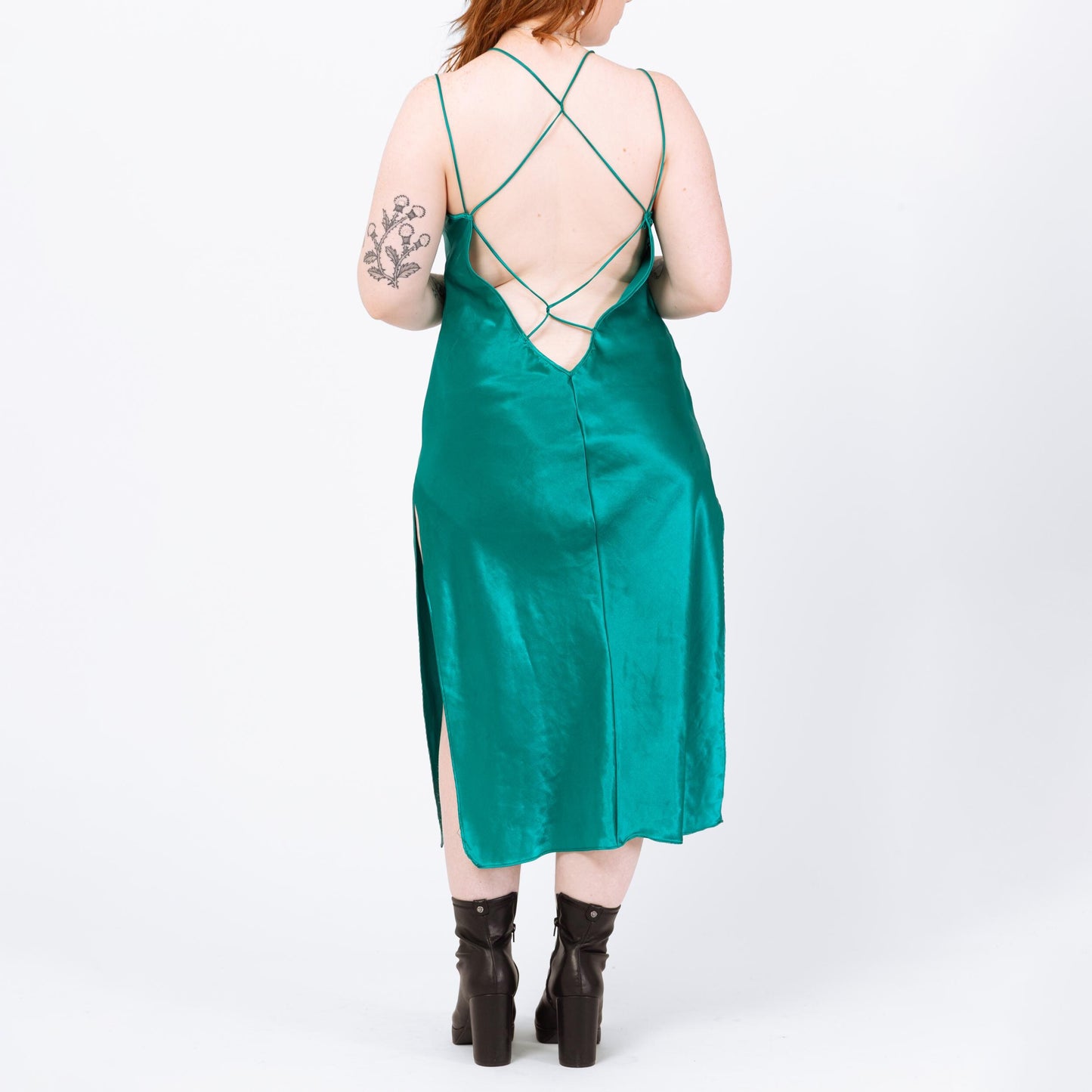 Vintage 80s Teal Satin Slip Dress - Medium | Low Back Lingerie Midi Chemise Nightie