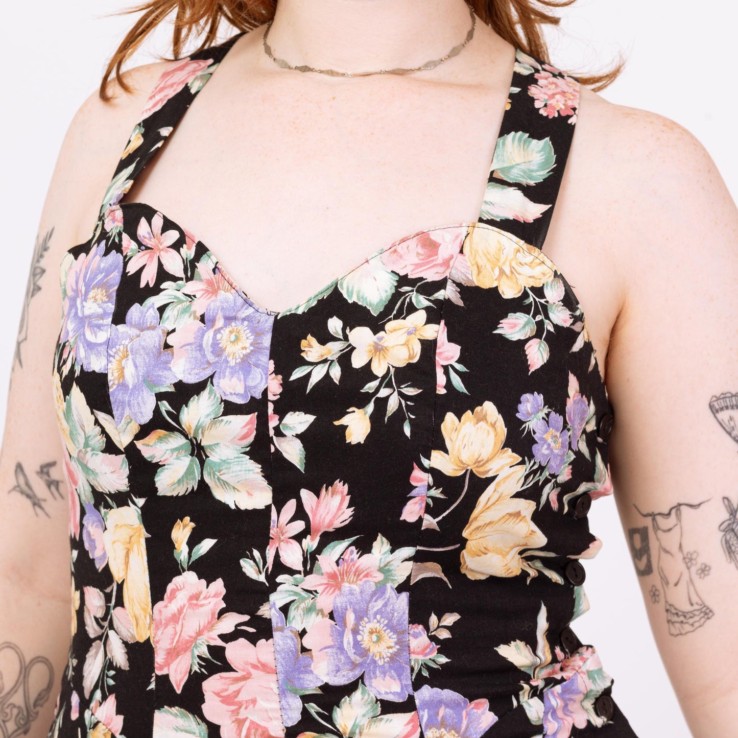 Vintage 80s Black Rose Floral Print Cross Back Sundress - Medium | Sweetheart Neck Boho Maxi Dress