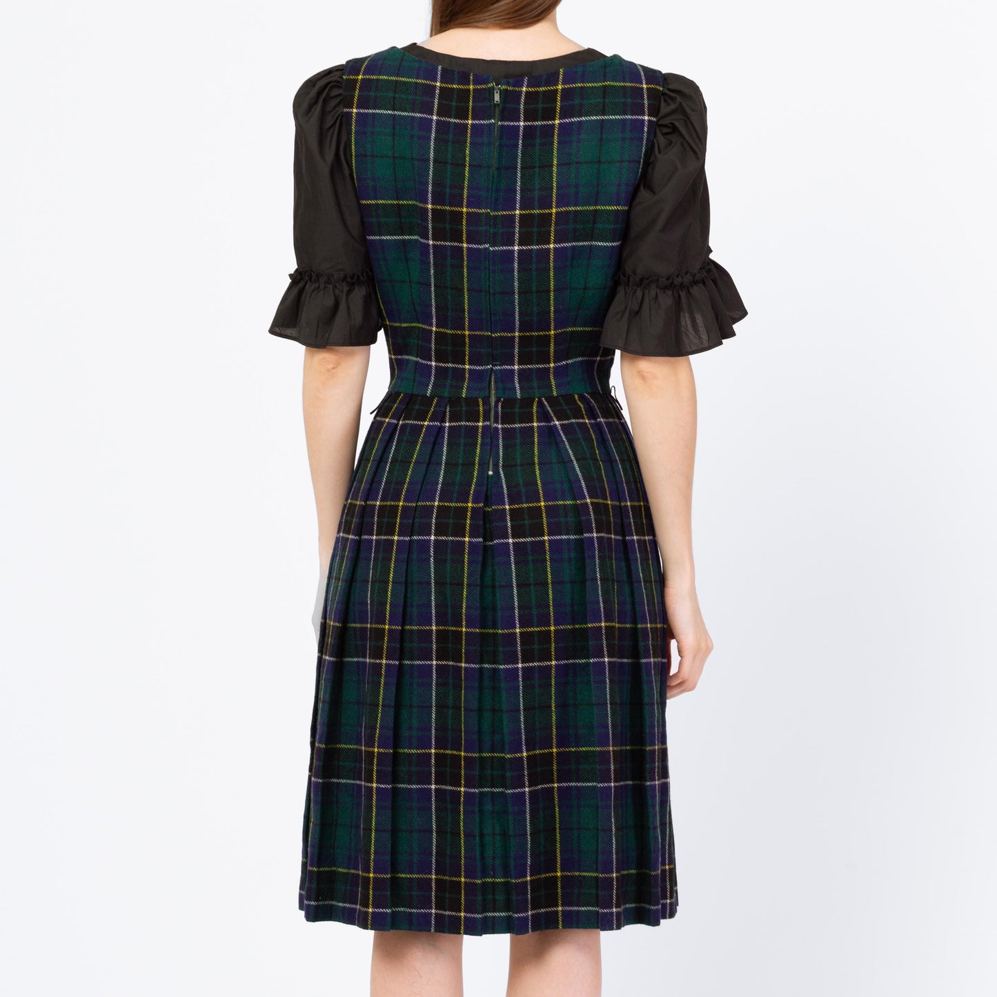 Vintage 60s Green Scottish Tartan Pinafore Dress - Small