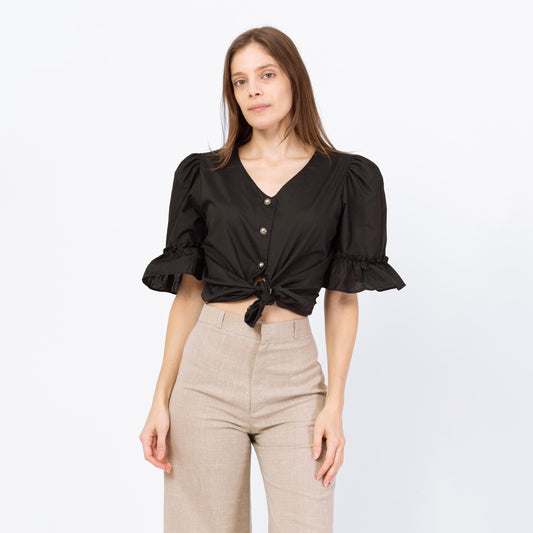 Vintage 70s Black Puff Sleeve Button Up Blouse - Small