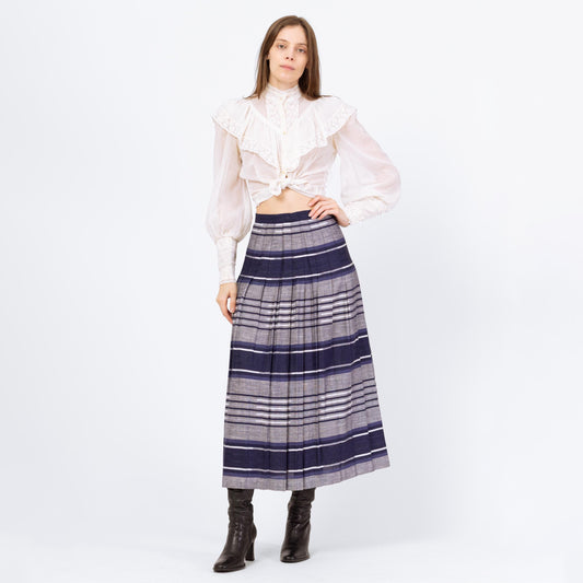 Vintage 80s Navy Blue & White Plaid Pleated Midi Skirt - Small, 26" Waist