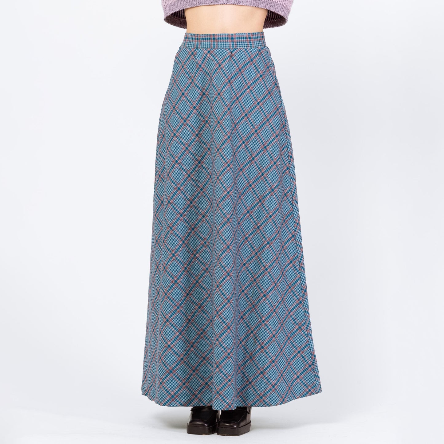 Vintage 70s Blue Plaid Maxi Skirt - Small, 26" Waist