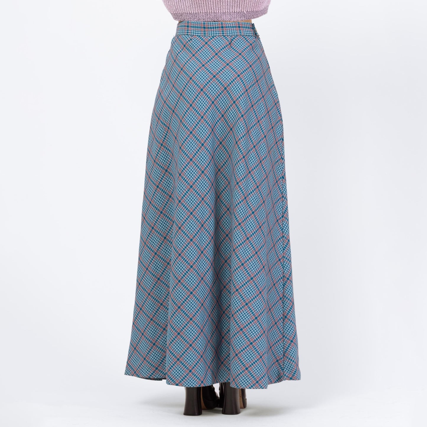 Vintage 70s Blue Plaid Maxi Skirt - Small, 26" Waist
