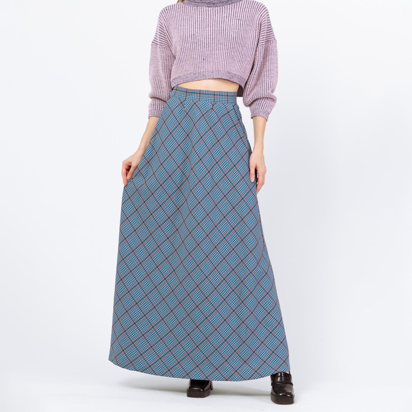 Vintage 70s Blue Plaid Maxi Skirt - Small, 26" Waist