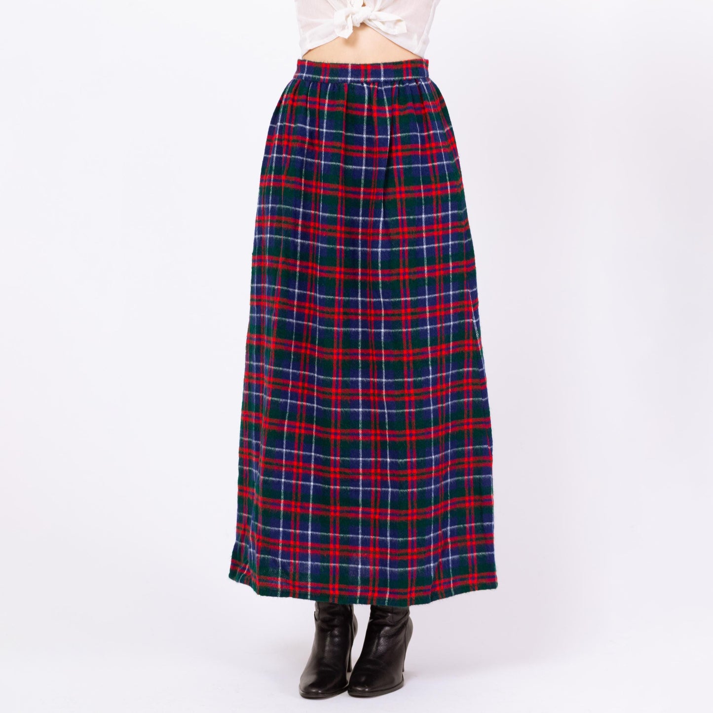 Vintage 60s Plaid Soft Knit High Waist Maxi Skirt - Small, 26" Waist