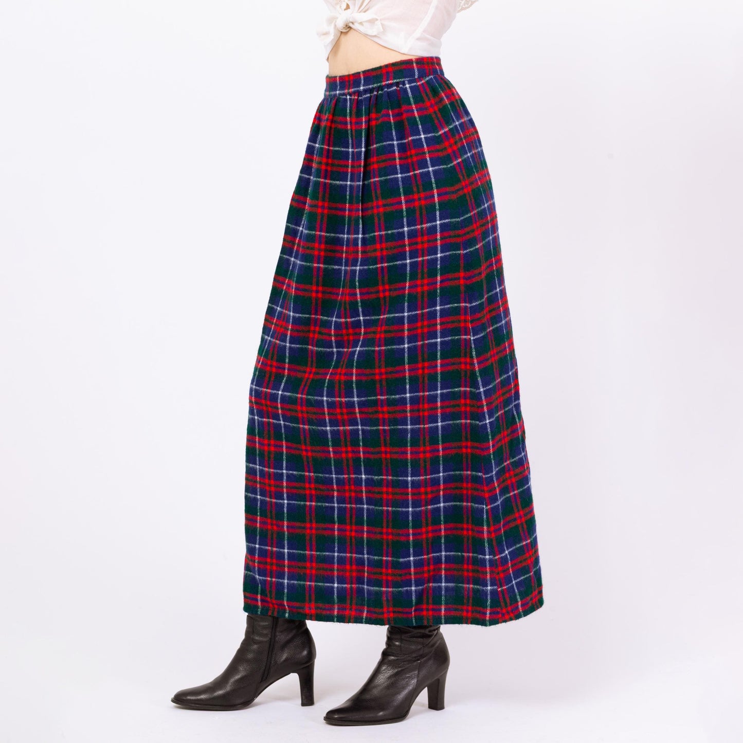 Vintage 60s Plaid Soft Knit High Waist Maxi Skirt - Small, 26" Waist