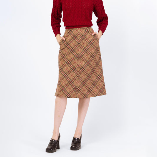 Vintage 70s Brown Plaid Tweed Schoolgirl Midi Skirt - Extra Small, 24" Waist