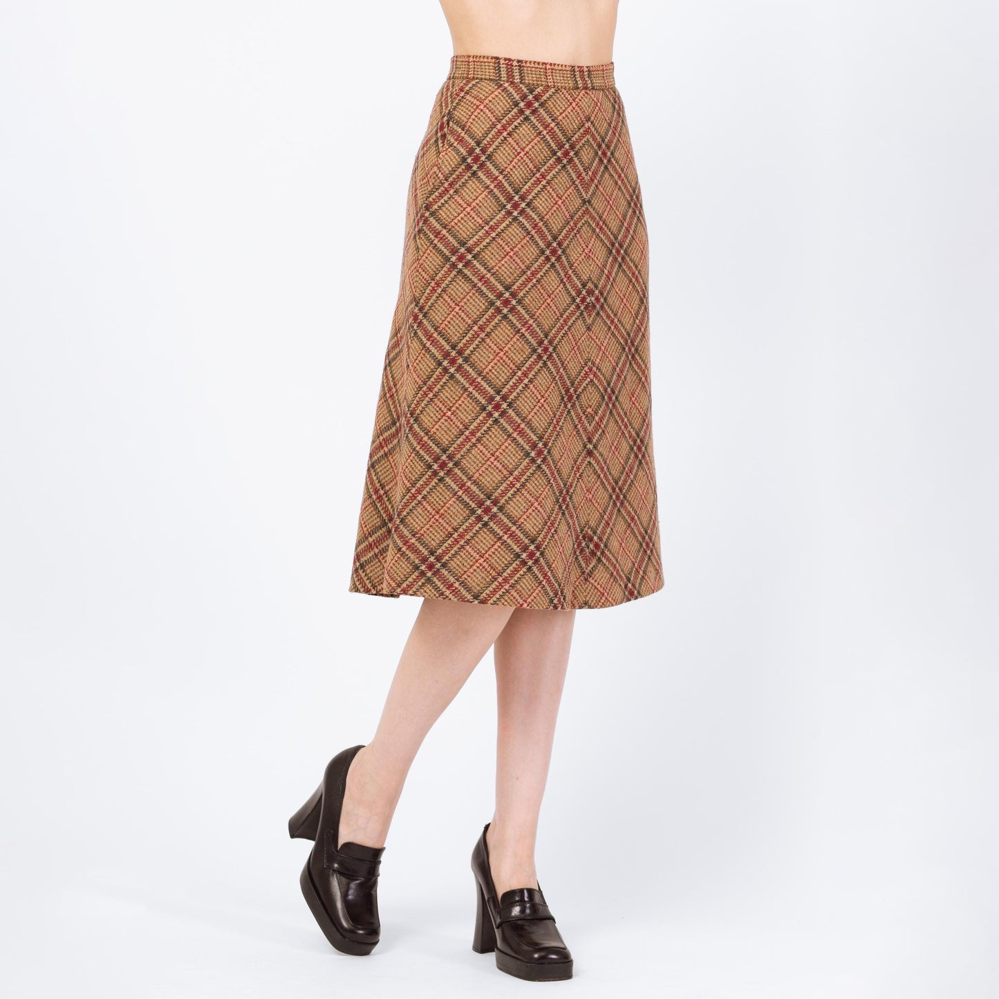 Vintage 70s Brown Plaid Tweed Schoolgirl Midi Skirt - Extra Small, 24" Waist