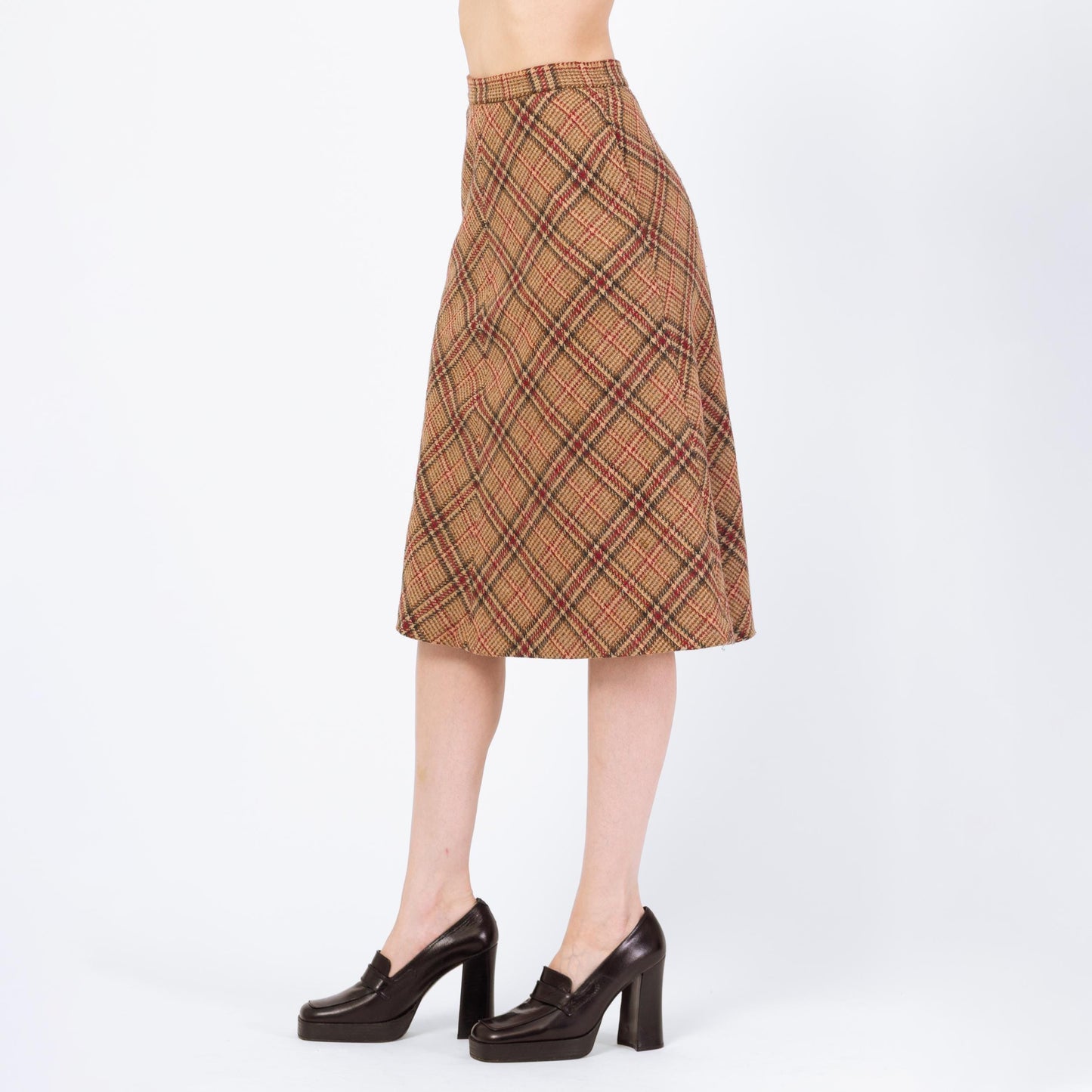 Vintage 70s Brown Plaid Tweed Schoolgirl Midi Skirt - Extra Small, 24" Waist