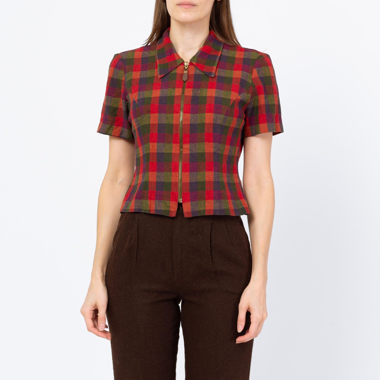 Vintage 90s Red Plaid Zip Up Crop Top - Small | Collared Short Sleeve Cropped Shirt