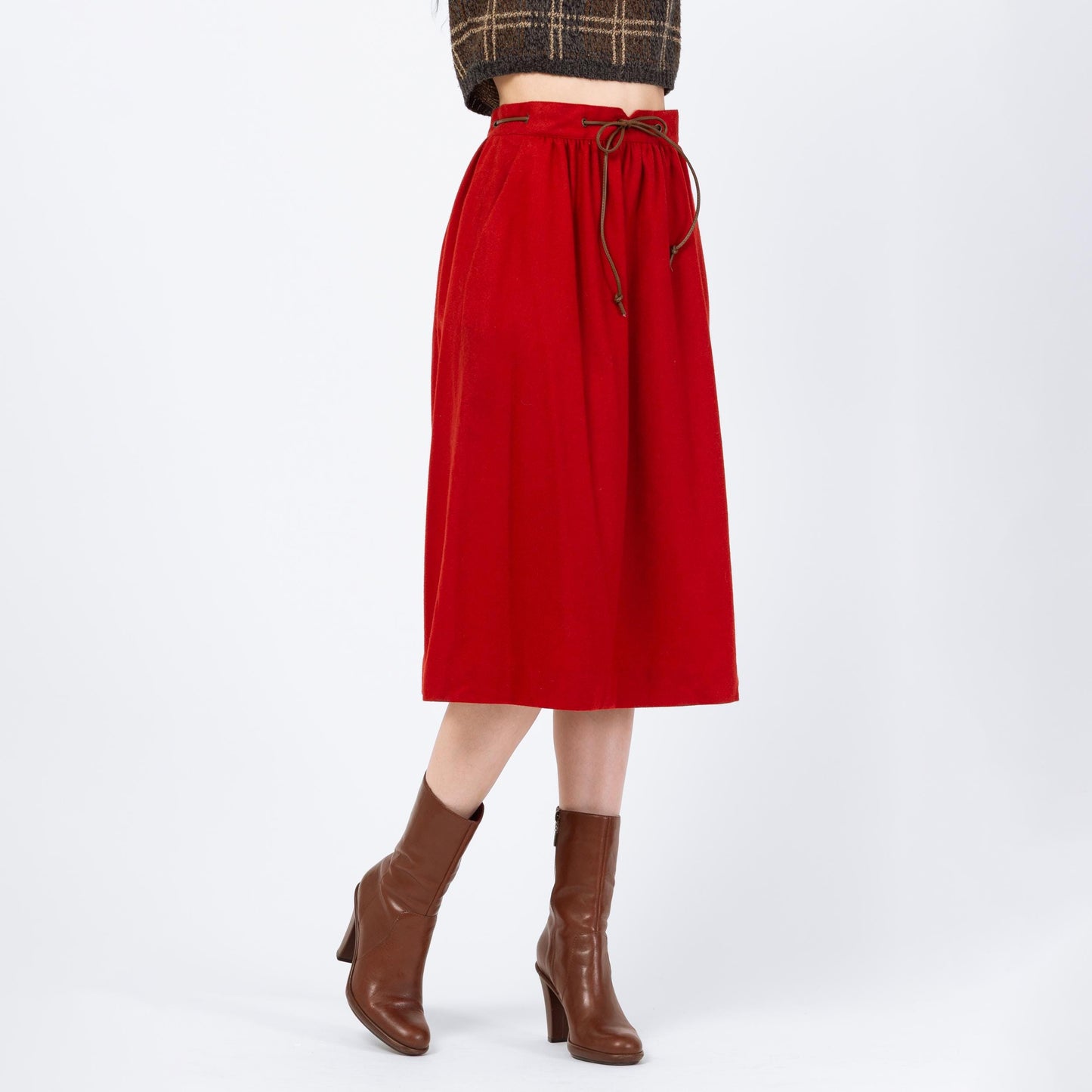 Vintage 80s Rust Red Wool Western Midi Skirt - Small, 26" Waist | High Waisted Leather Belt Pocket Skirt