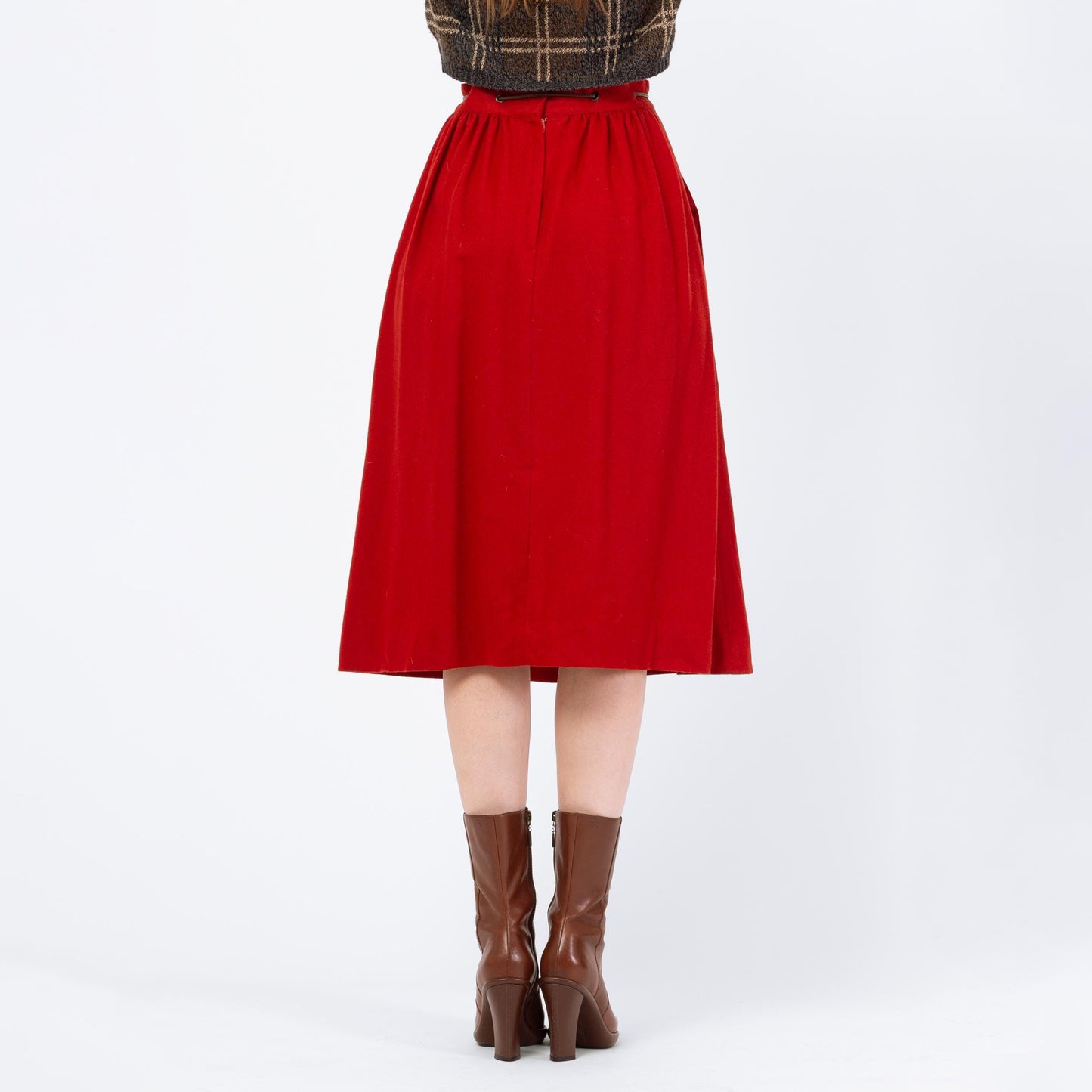 Vintage 80s Rust Red Wool Western Midi Skirt - Small, 26" Waist | High Waisted Leather Belt Pocket Skirt