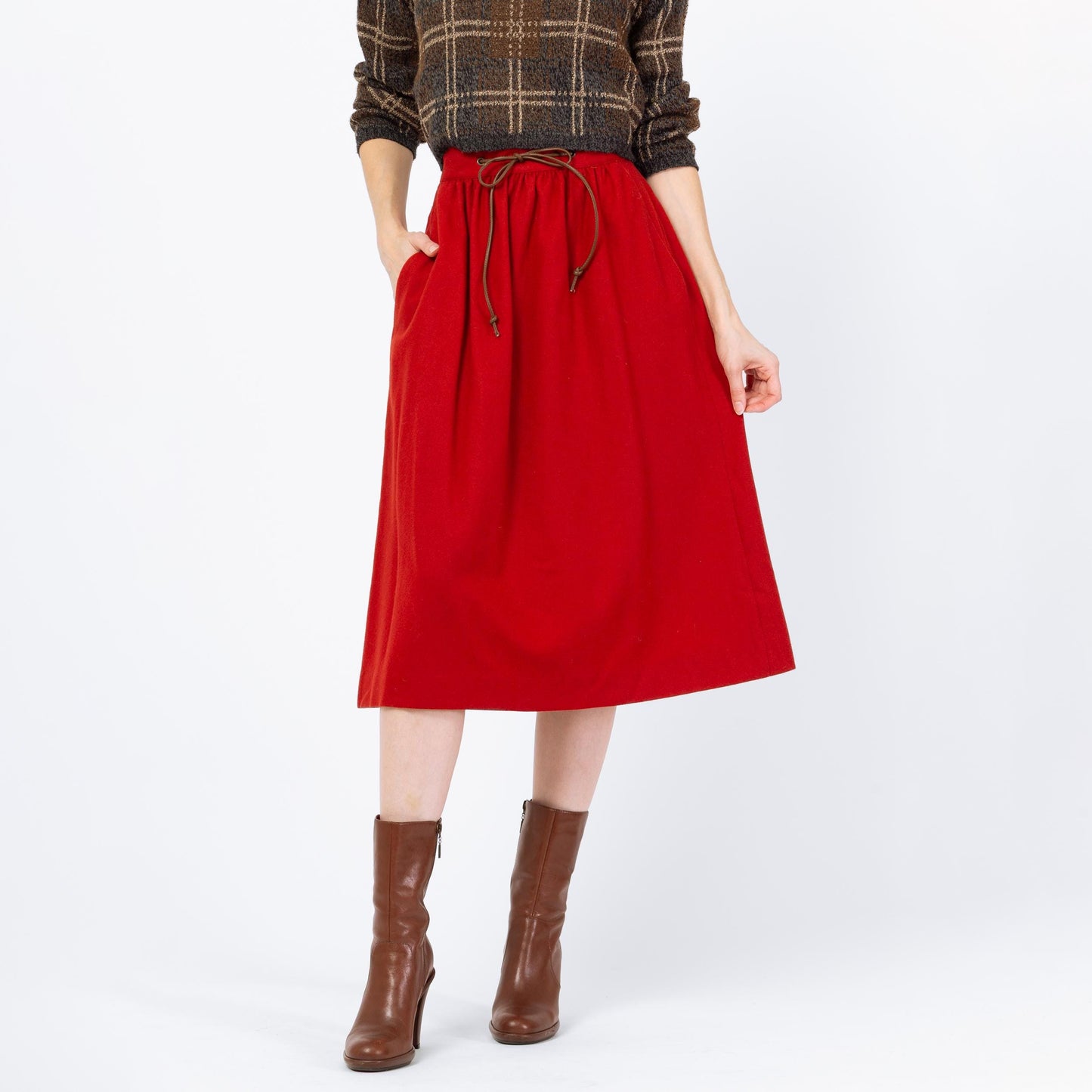 Vintage 80s Rust Red Wool Western Midi Skirt - Small, 26" Waist | High Waisted Leather Belt Pocket Skirt