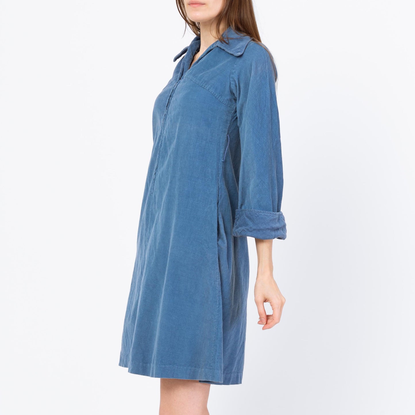 Vintage 70s Mod Slate Blue Corduroy Mini Dress - Extra Small | Zip Up Collared 3/4 Sleeve A Line Pocket Dress