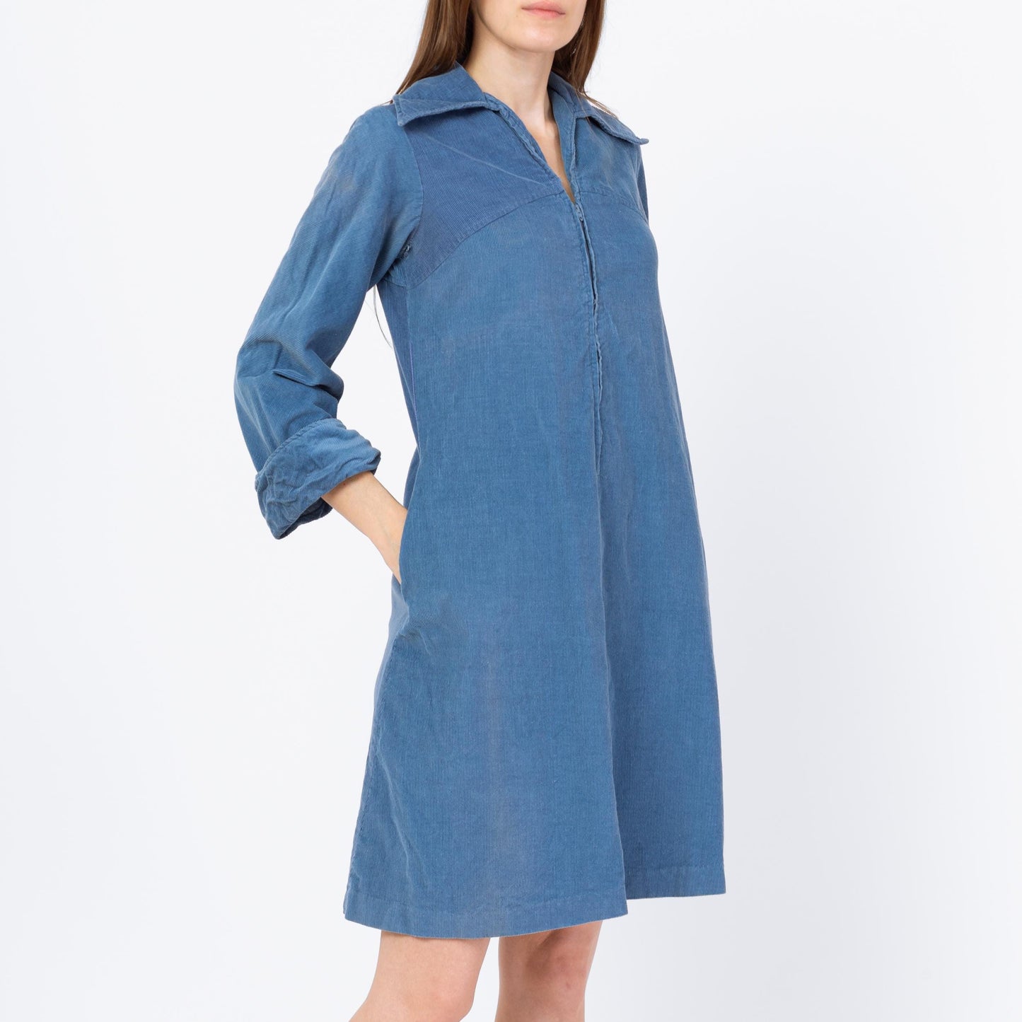 Vintage 70s Mod Slate Blue Corduroy Mini Dress - Extra Small | Zip Up Collared 3/4 Sleeve A Line Pocket Dress
