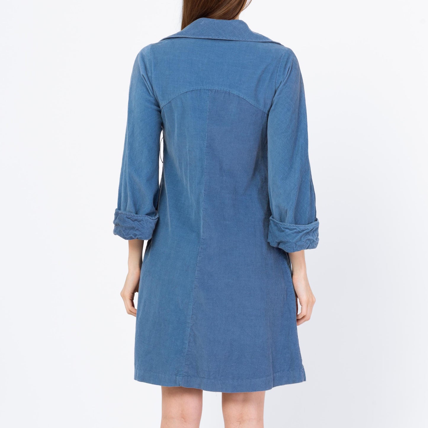 Vintage 70s Mod Slate Blue Corduroy Mini Dress - Extra Small | Zip Up Collared 3/4 Sleeve A Line Pocket Dress