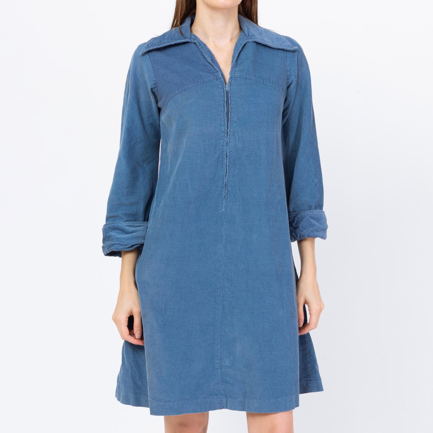Vintage 70s Mod Slate Blue Corduroy Mini Dress - Extra Small | Zip Up Collared 3/4 Sleeve A Line Pocket Dress