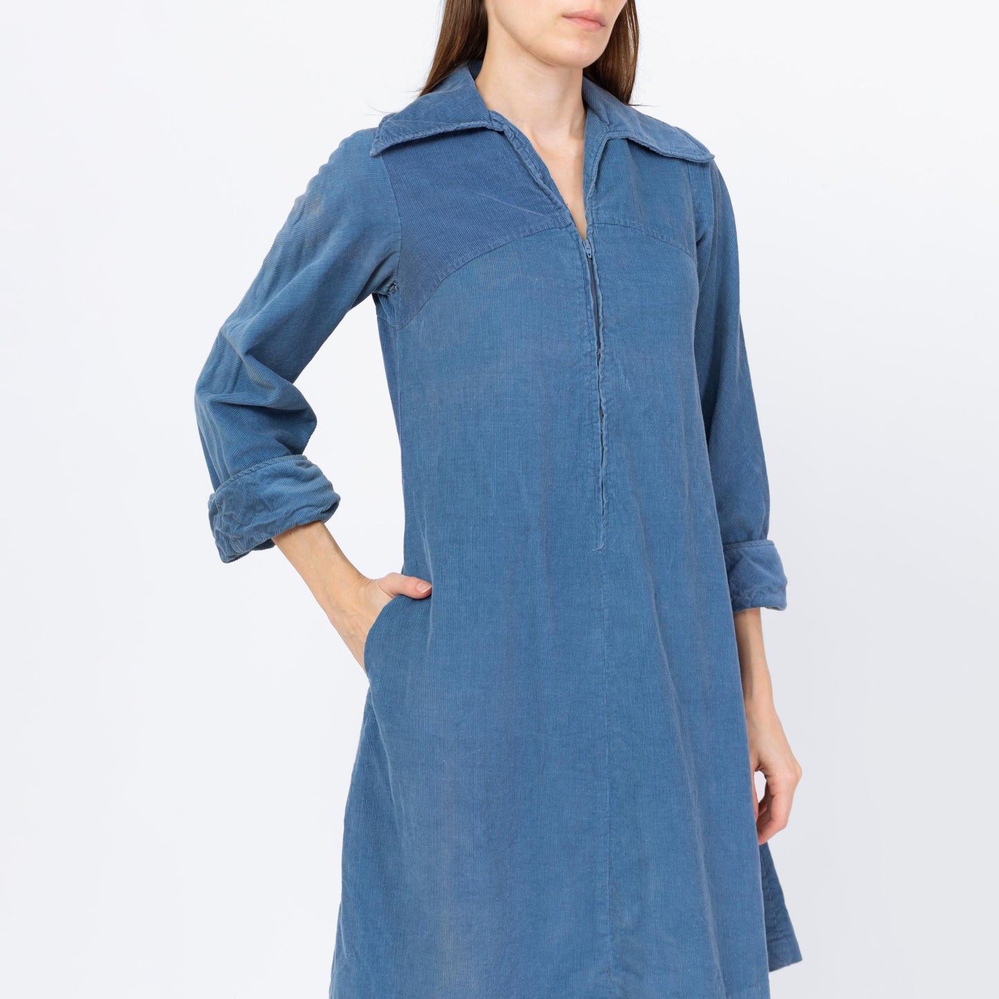 Vintage 70s Mod Slate Blue Corduroy Mini Dress - Extra Small | Zip Up Collared 3/4 Sleeve A Line Pocket Dress