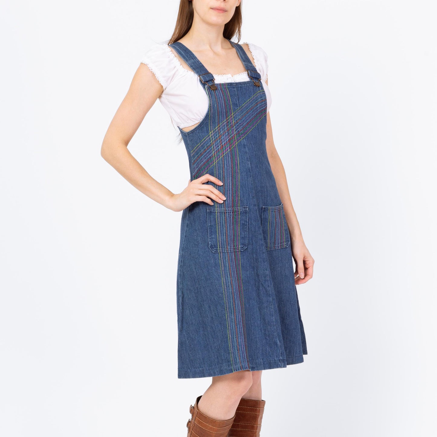 Vintage 70s Rainbow Stitch Denim Pinafore Dress - Extra Small | Boho A Line Mini Overall Jean Dress