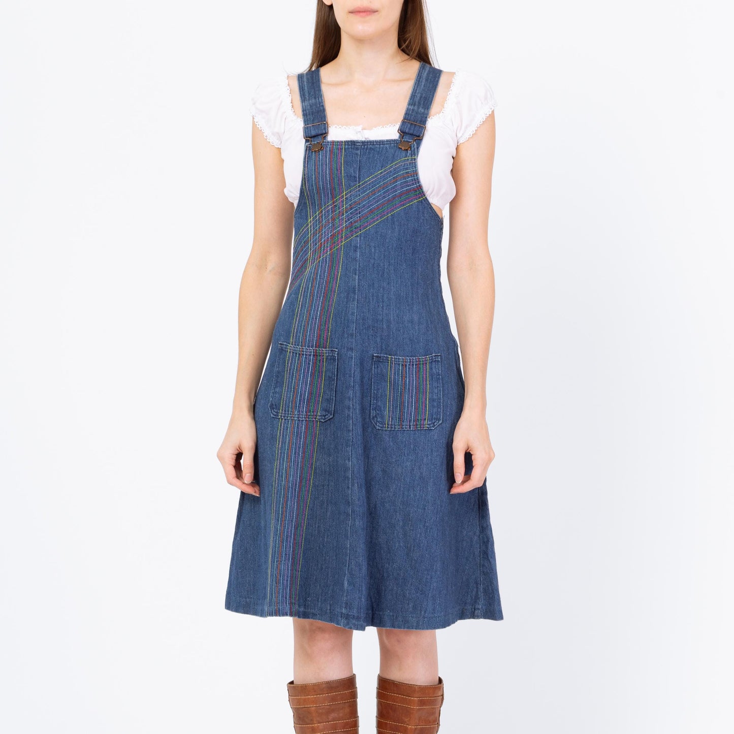 Vintage 70s Rainbow Stitch Denim Pinafore Dress - Extra Small | Boho A Line Mini Overall Jean Dress