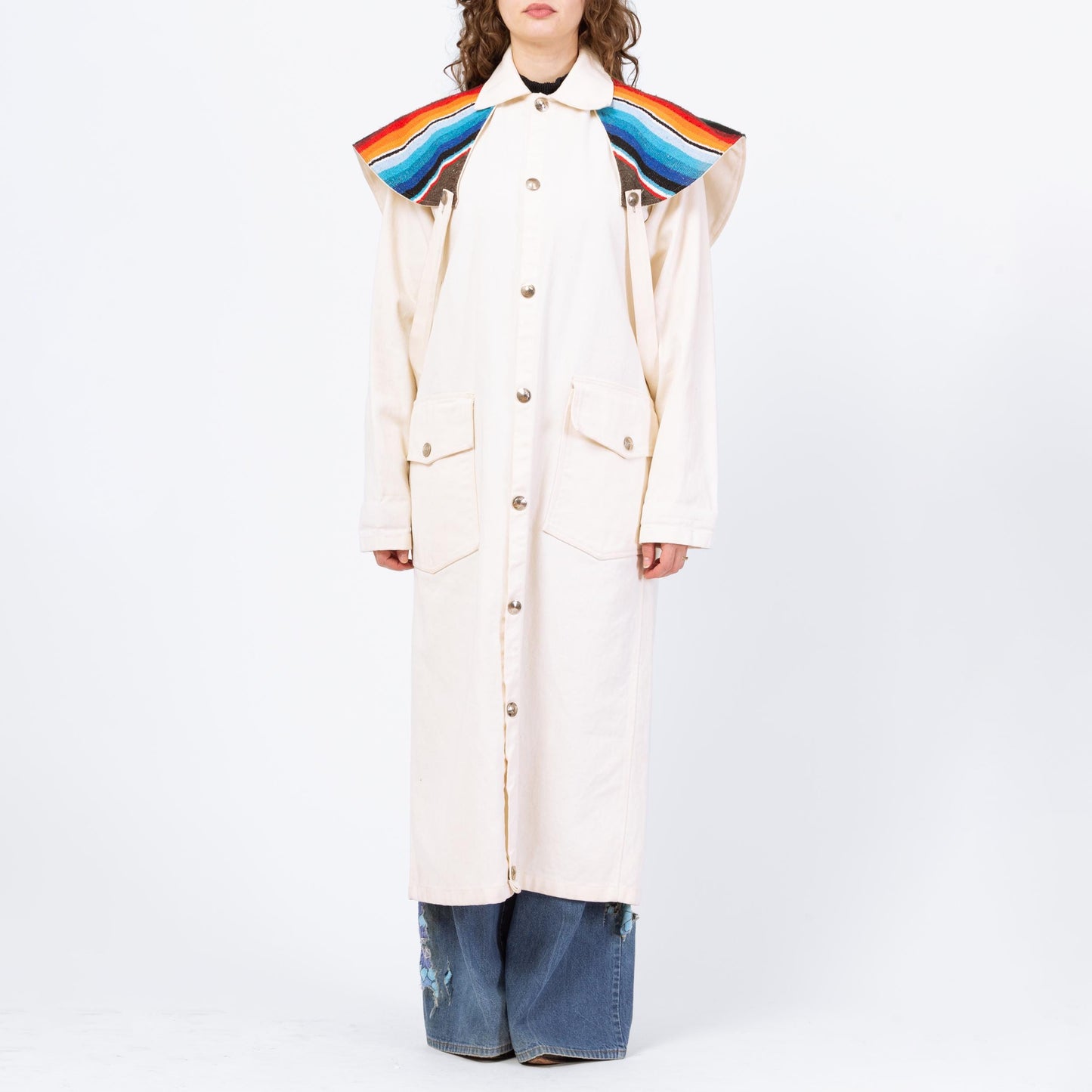 Vintage 70s 80s Western Stockman White Denim Trench Coat - One Size | Serape Blanket Striped Long Snap Up Duster Jacket