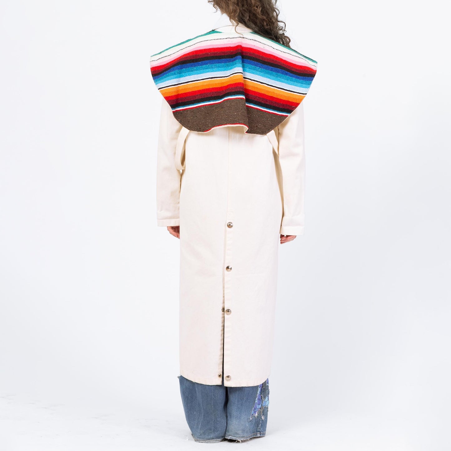 Vintage 70s 80s Western Stockman White Denim Trench Coat - One Size | Serape Blanket Striped Long Snap Up Duster Jacket