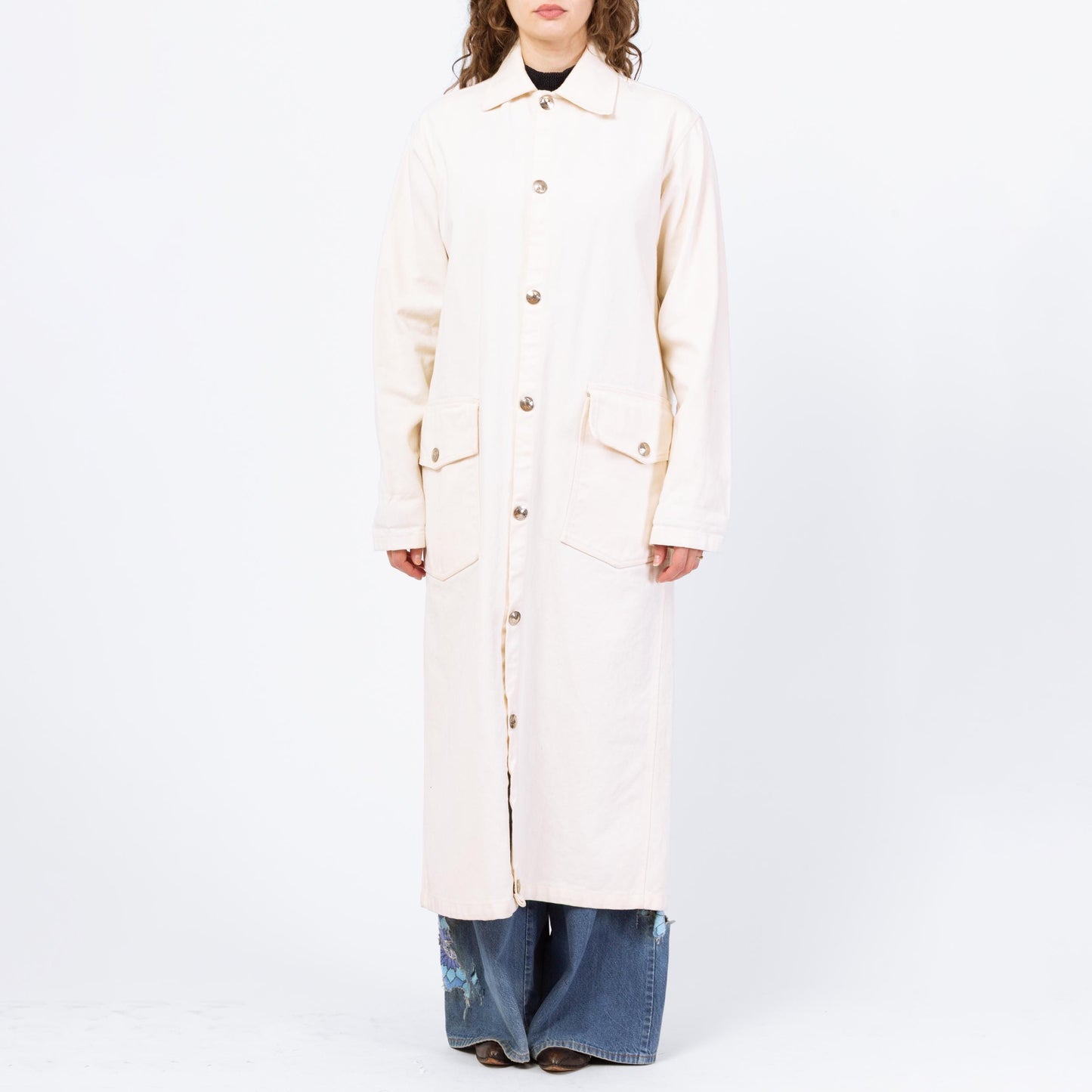 Vintage 70s 80s Western Stockman White Denim Trench Coat - One Size | Serape Blanket Striped Long Snap Up Duster Jacket