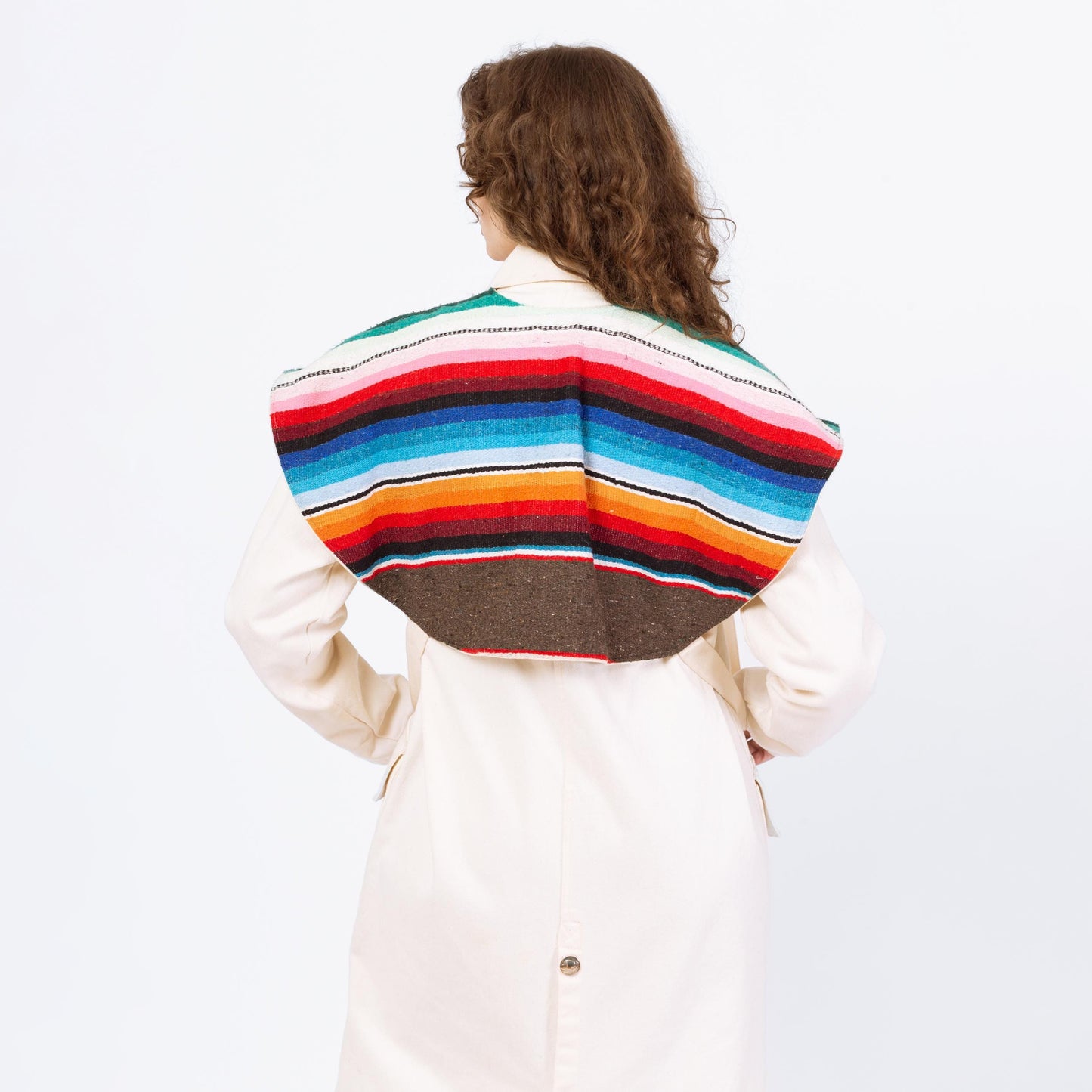 Vintage 70s 80s Western Stockman White Denim Trench Coat - One Size | Serape Blanket Striped Long Snap Up Duster Jacket