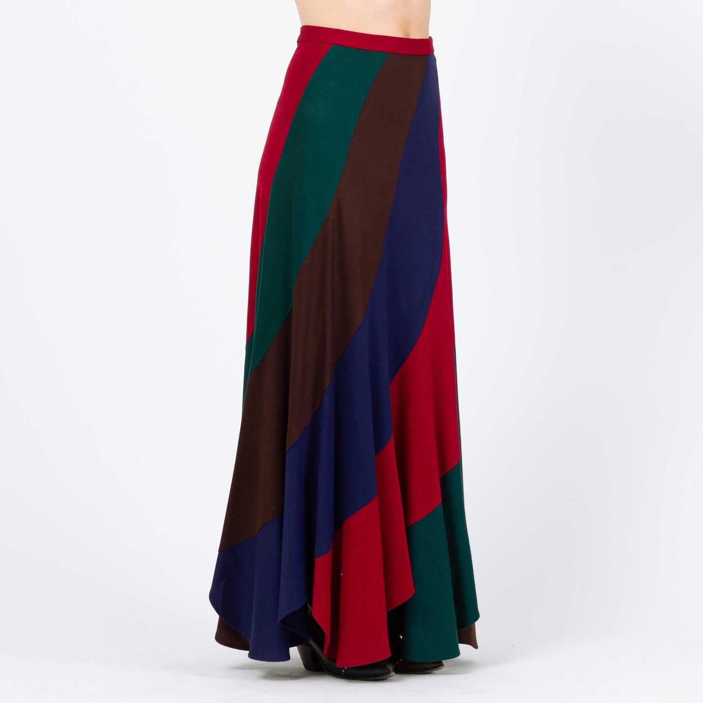 Vintage 70s Mod Jewel Tone Striped Maxi Skirt, NWT - Medium, 28" | High Waisted Scalloped Hem Long Hippie Skirt