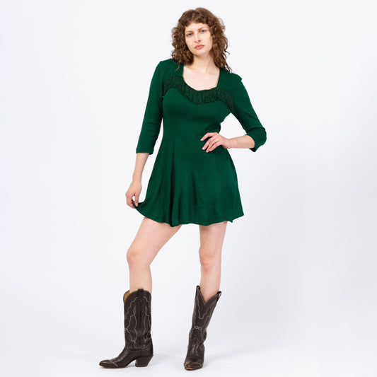 Vintage 90s Emerald Green Fringe Mini Dress - Medium | Western 3/4 Sleeve Fit Flare Holiday Party Dress