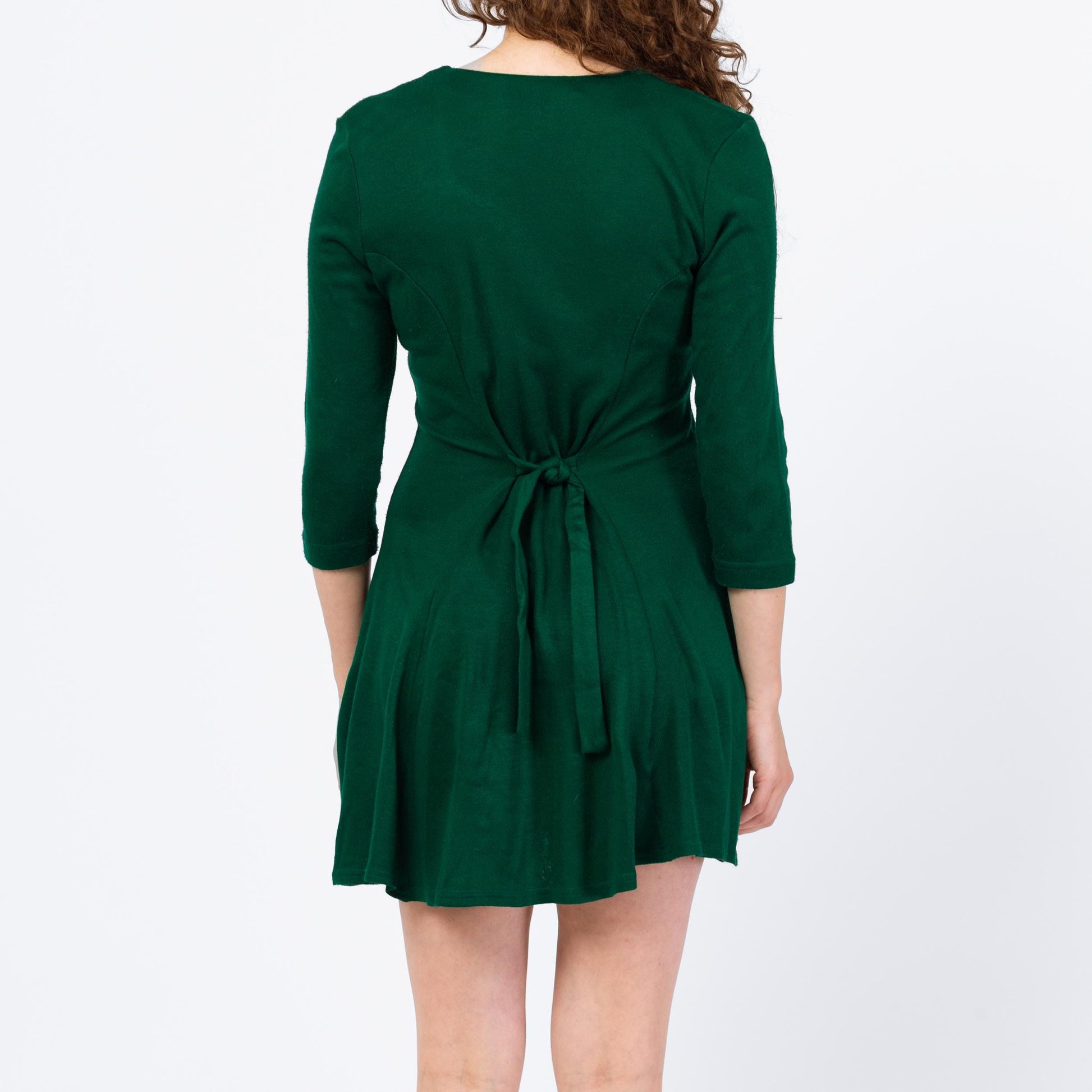 Vintage 90s Emerald Green Fringe Mini Dress - Medium | Western 3/4 Sleeve Fit Flare Holiday Party Dress