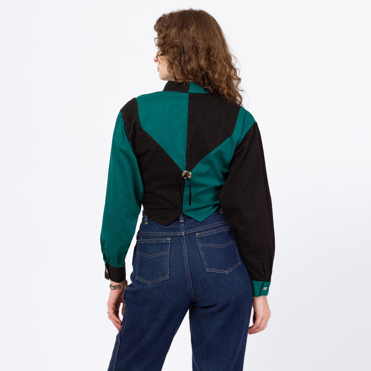 Vintage 90s Western Teal & Black Color Block Crop Top - Small | Banjo Texas Long Sleeve Collared Cropped Shirt
