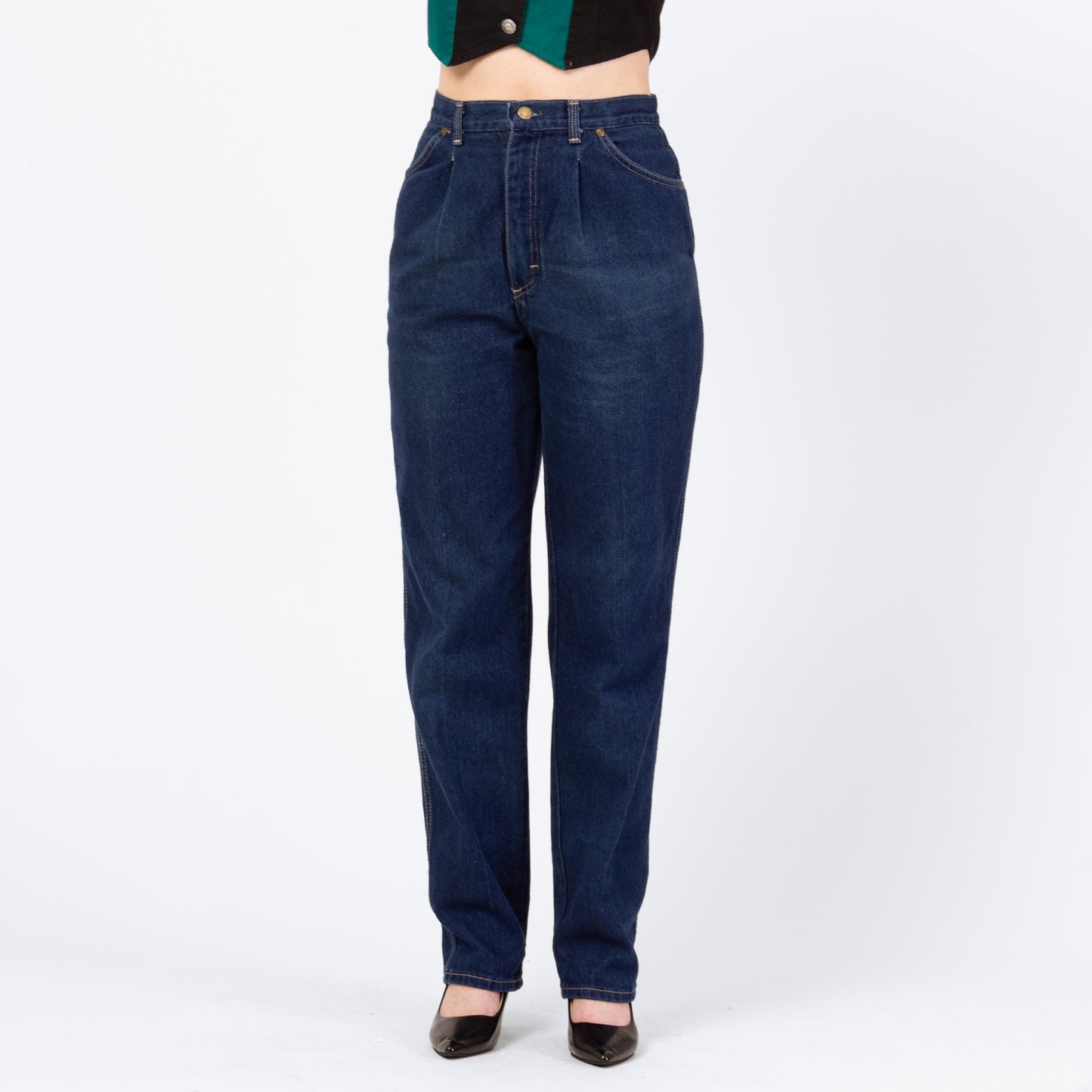 Vintage 80s Dark Wash High Waisted Mom Jeans - Medium, 28" Waist | Tapered Leg Pleated Denim Jeans