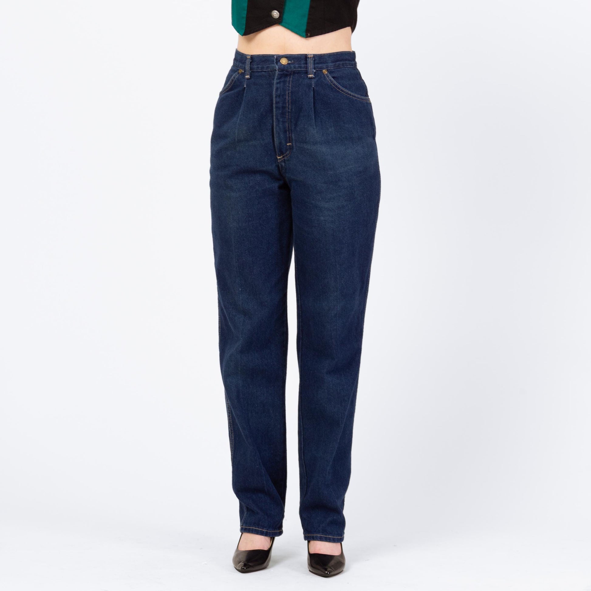 Vintage 80s Dark Wash High Waisted Mom Jeans - Medium, 28" Waist | Tapered Leg Pleated Denim Jeans