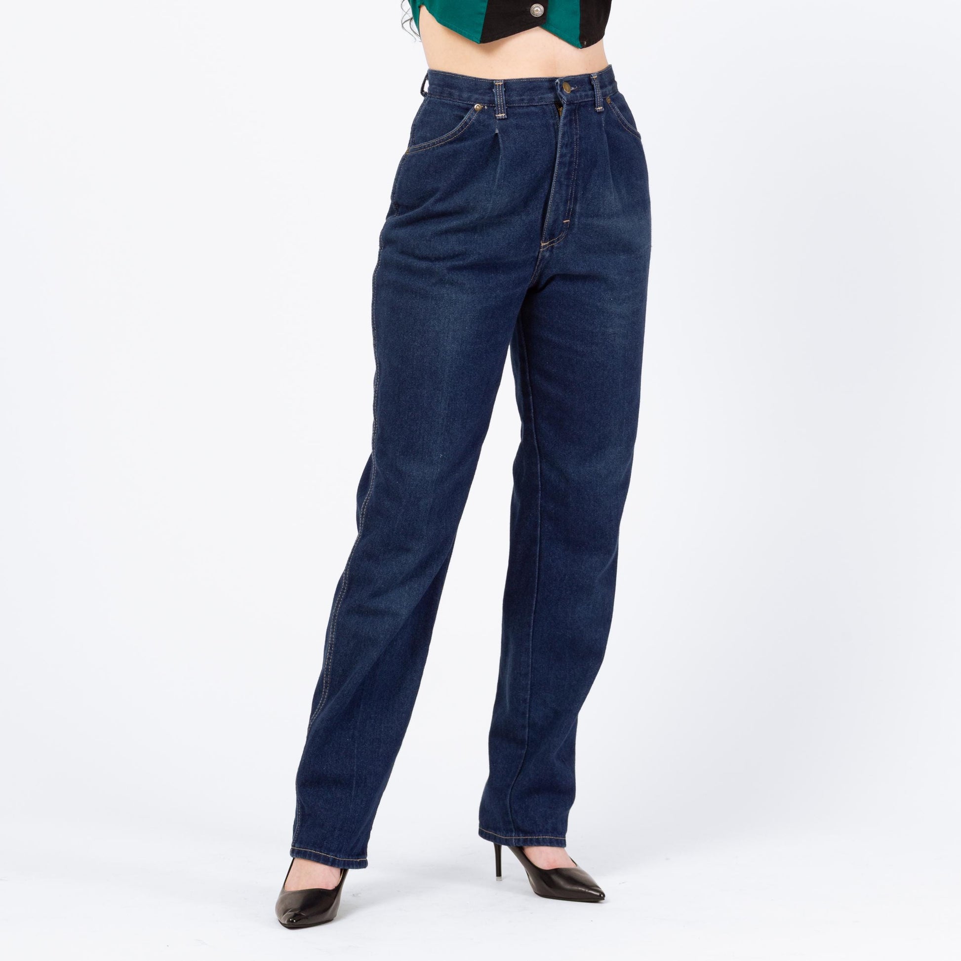 Vintage 80s Dark Wash High Waisted Mom Jeans - Medium, 28" Waist | Tapered Leg Pleated Denim Jeans