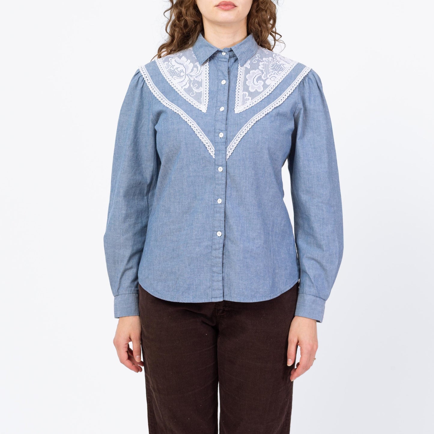 Vintage 70s Chambray Lace Yoke Western Shirt - Medium | Boho Collared Button Up Prairie Top
