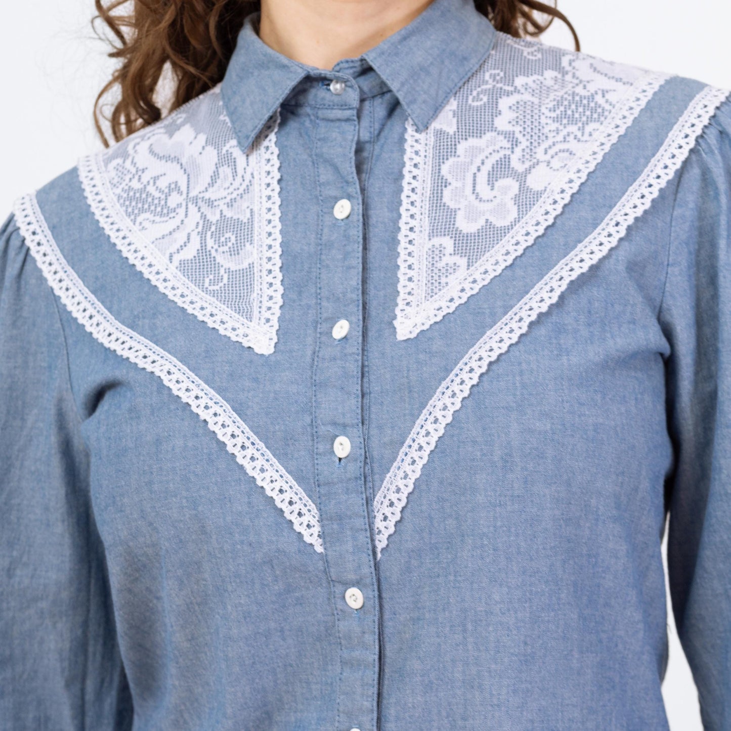 Vintage 70s Chambray Lace Yoke Western Shirt - Medium | Boho Collared Button Up Prairie Top