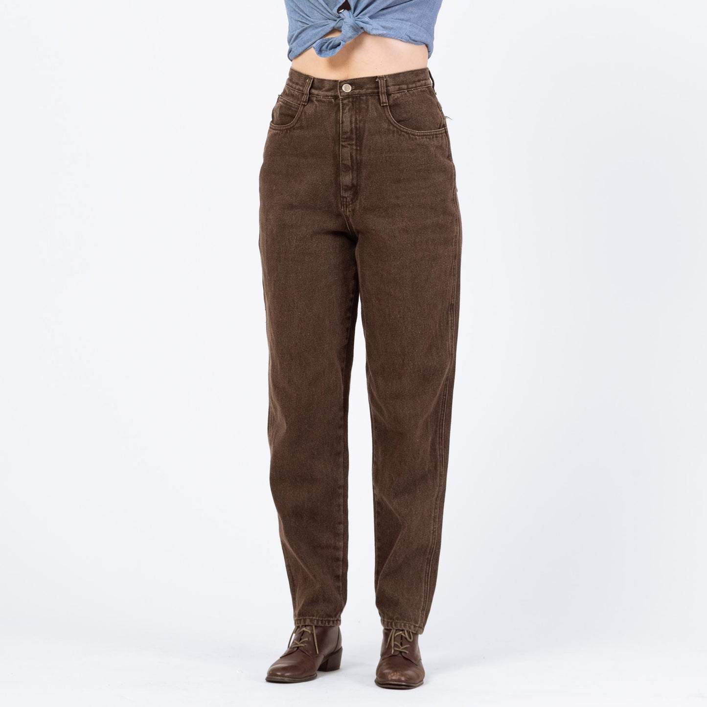 Vintage 90s Faded Brown High Waisted Jeans - Medium, 28" Waist | Denim Tapered Leg Yoked Waist Mom Jeans