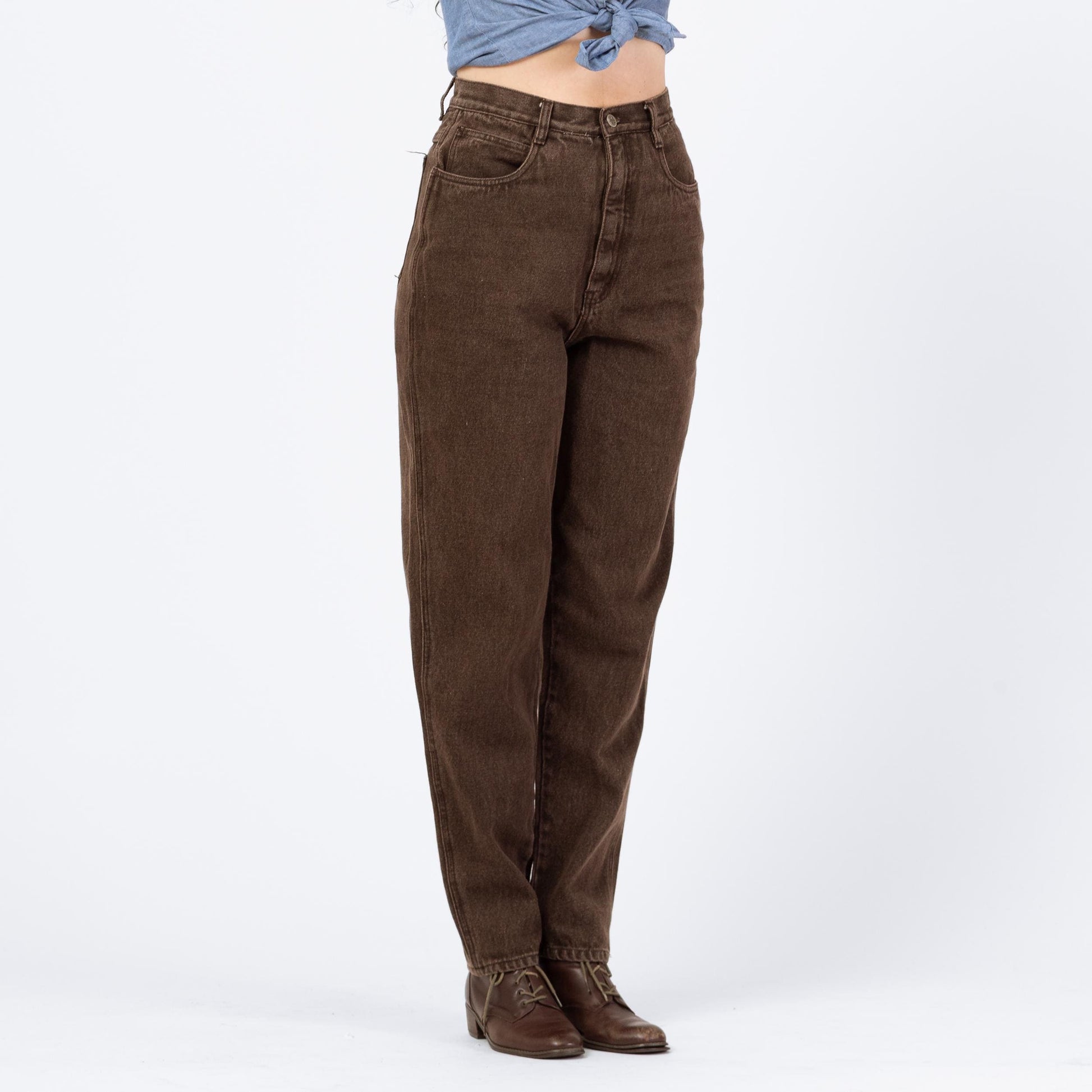 Vintage 90s Faded Brown High Waisted Jeans - Medium, 28" Waist | Denim Tapered Leg Yoked Waist Mom Jeans