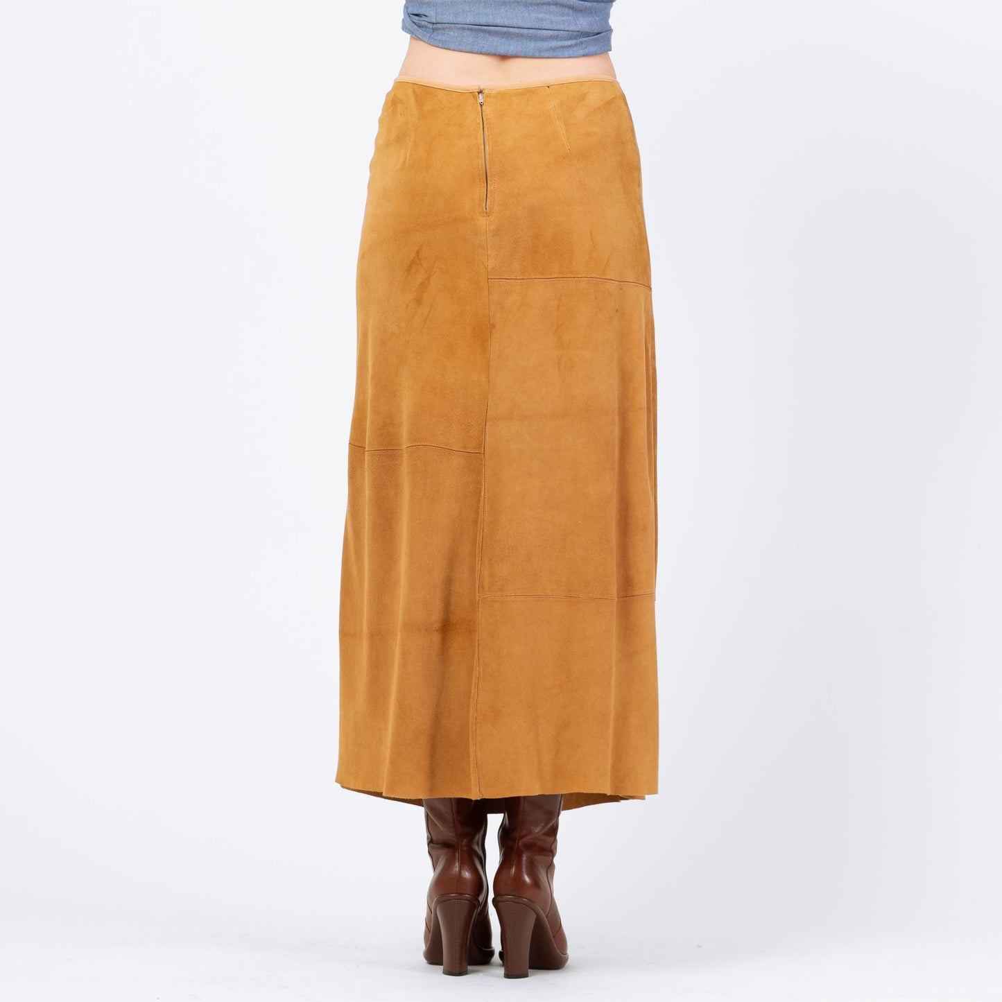 Vintage 90s Boho Tan Suede Patchwork Maxi Skirt - Medium, 29"-30" Waist | Soft Leather High Waisted A Line Long Western Skirt
