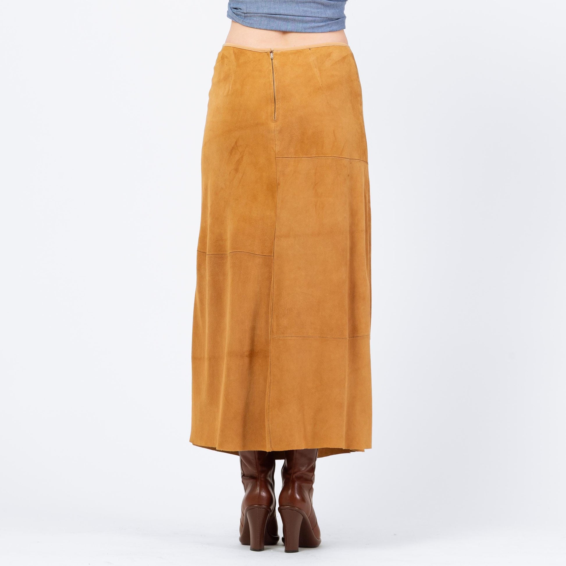 Vintage 90s Boho Tan Suede Patchwork Maxi Skirt - Medium, 29"-30" Waist | Soft Leather High Waisted A Line Long Western Skirt