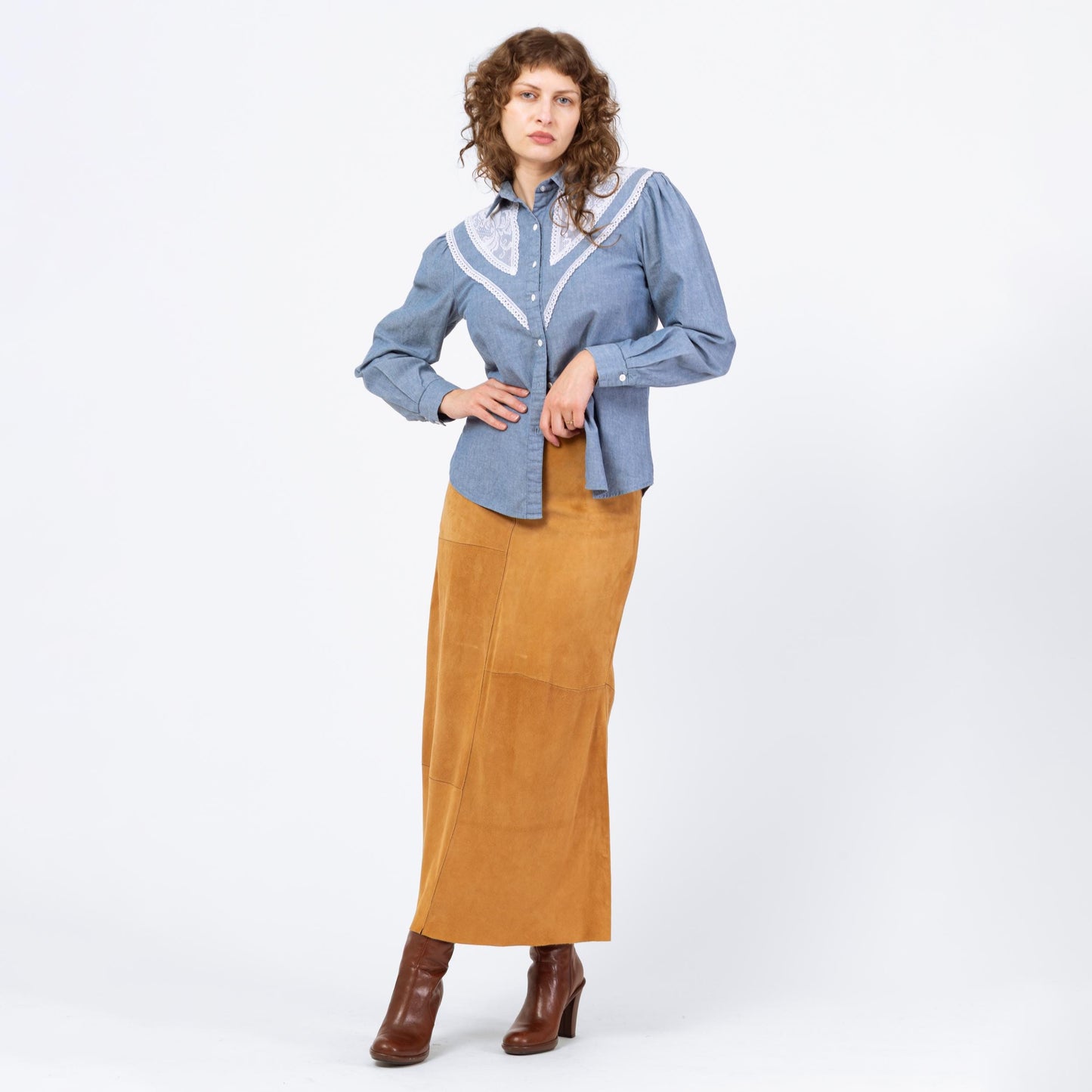 Vintage 90s Boho Tan Suede Patchwork Maxi Skirt - Medium, 29"-30" Waist | Soft Leather High Waisted A Line Long Western Skirt