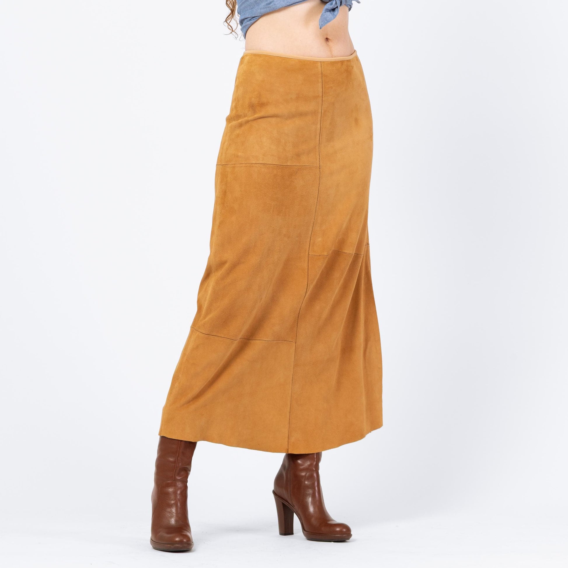 Vintage 90s Boho Tan Suede Patchwork Maxi Skirt - Medium, 29"-30" Waist | Soft Leather High Waisted A Line Long Western Skirt