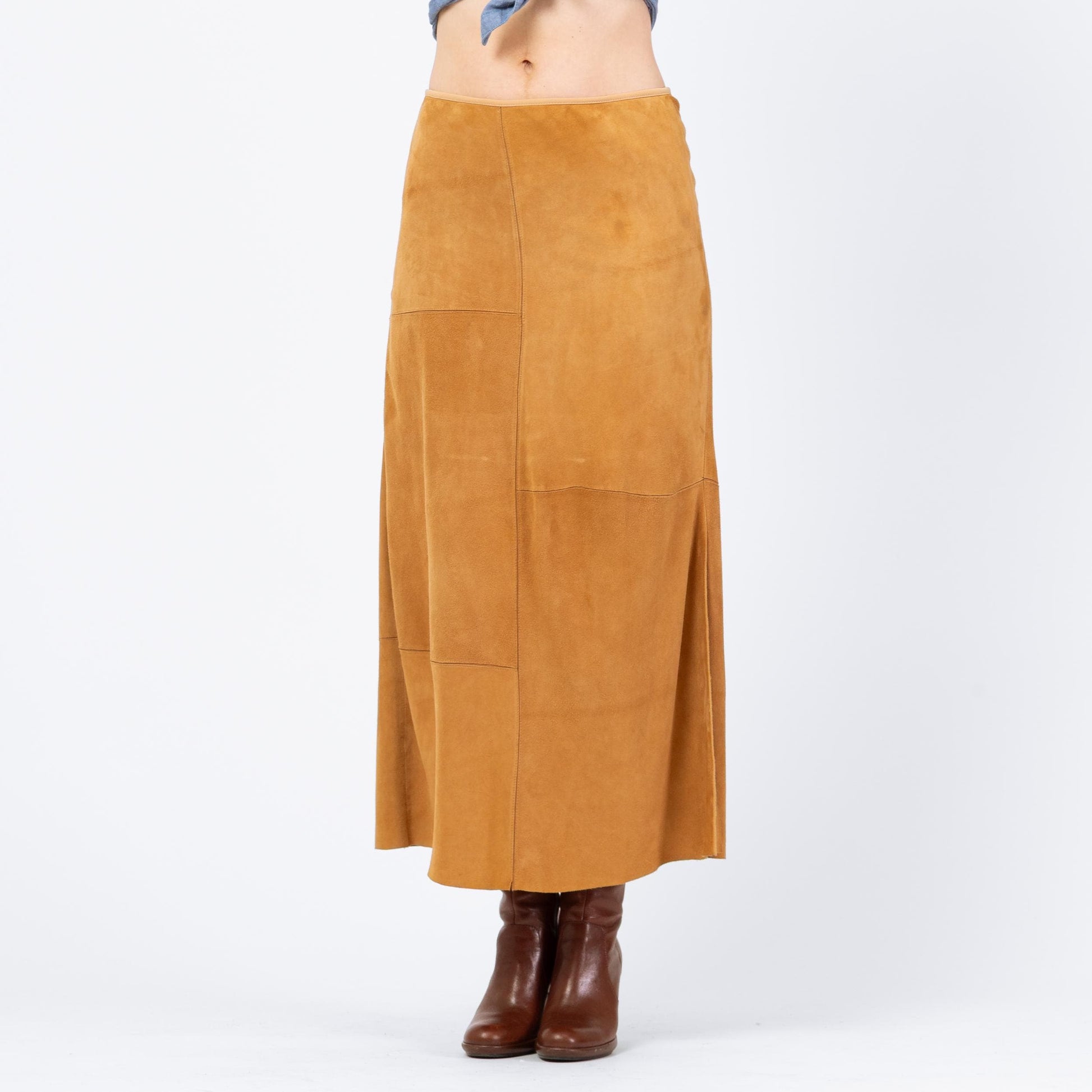 Vintage 90s Boho Tan Suede Patchwork Maxi Skirt - Medium, 29"-30" Waist | Soft Leather High Waisted A Line Long Western Skirt