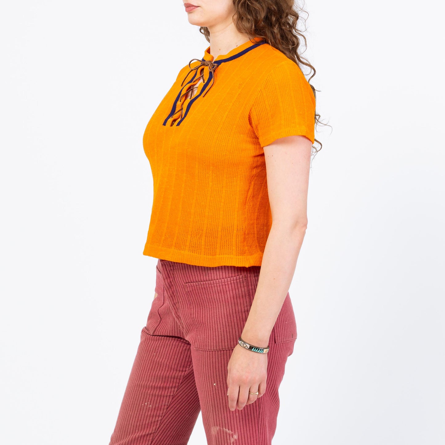 Vintage 60s 70s Orange Knit Lace Up Crop Top - Medium | Boho Short Sleeve Cropped Hippie Shirt