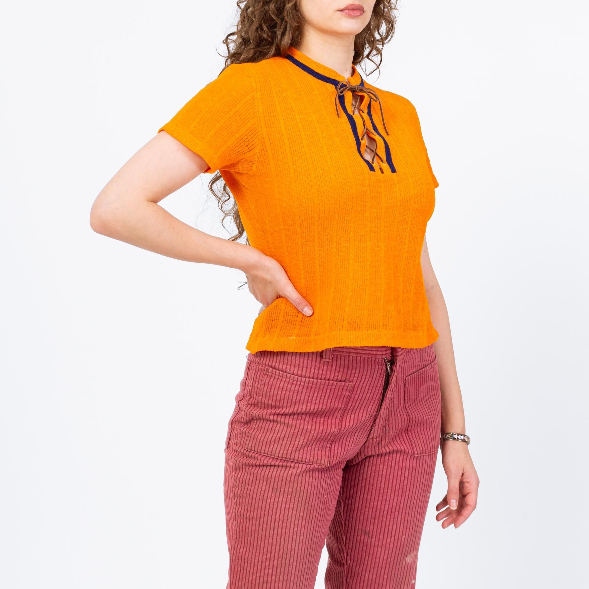 Vintage 60s 70s Orange Knit Lace Up Crop Top - Medium | Boho Short Sleeve Cropped Hippie Shirt