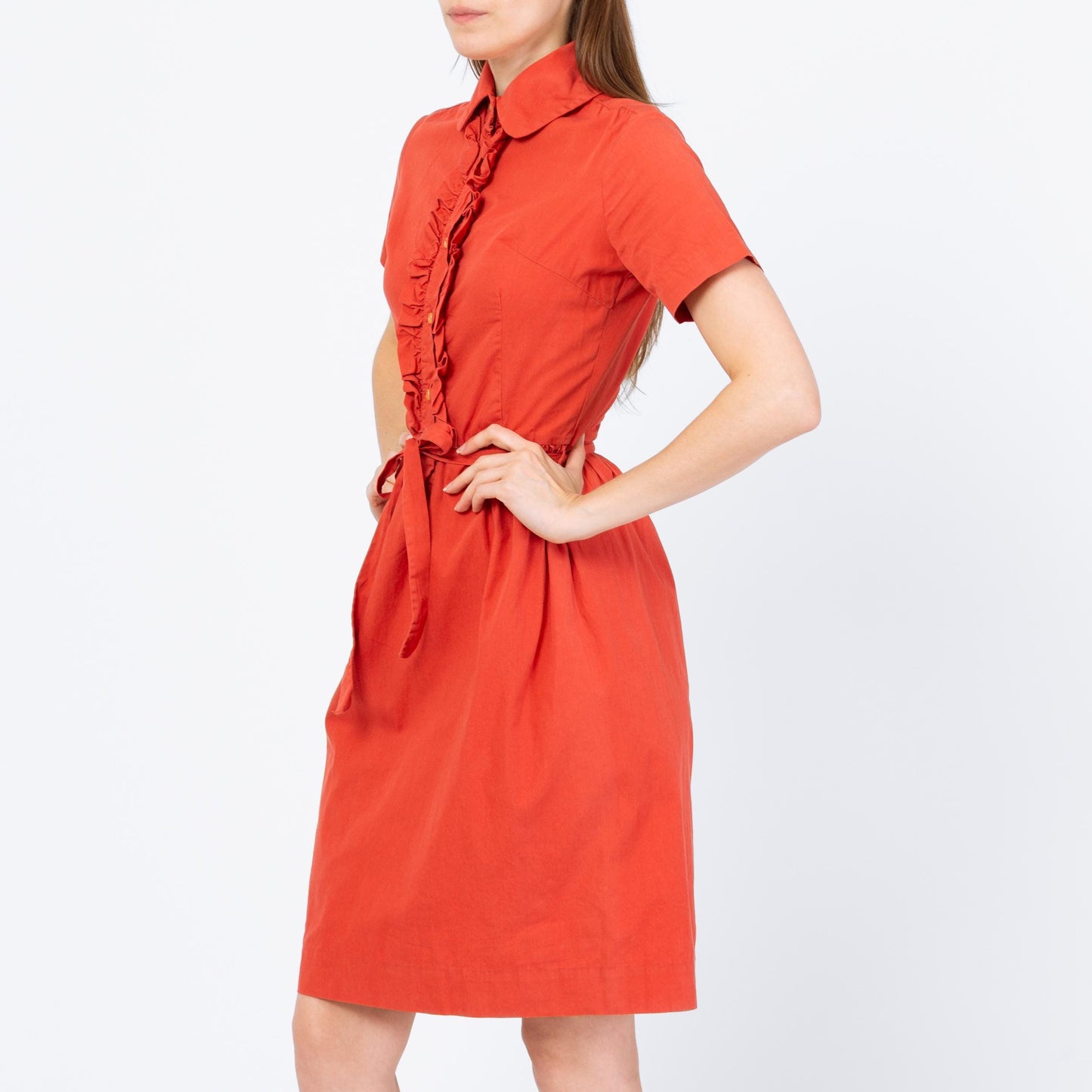 Vintage 50s 60s Salmon Pink Belted Shirtdress - Extra Small | Short Sleeve Ruffle Neck Button Up Mini Dress