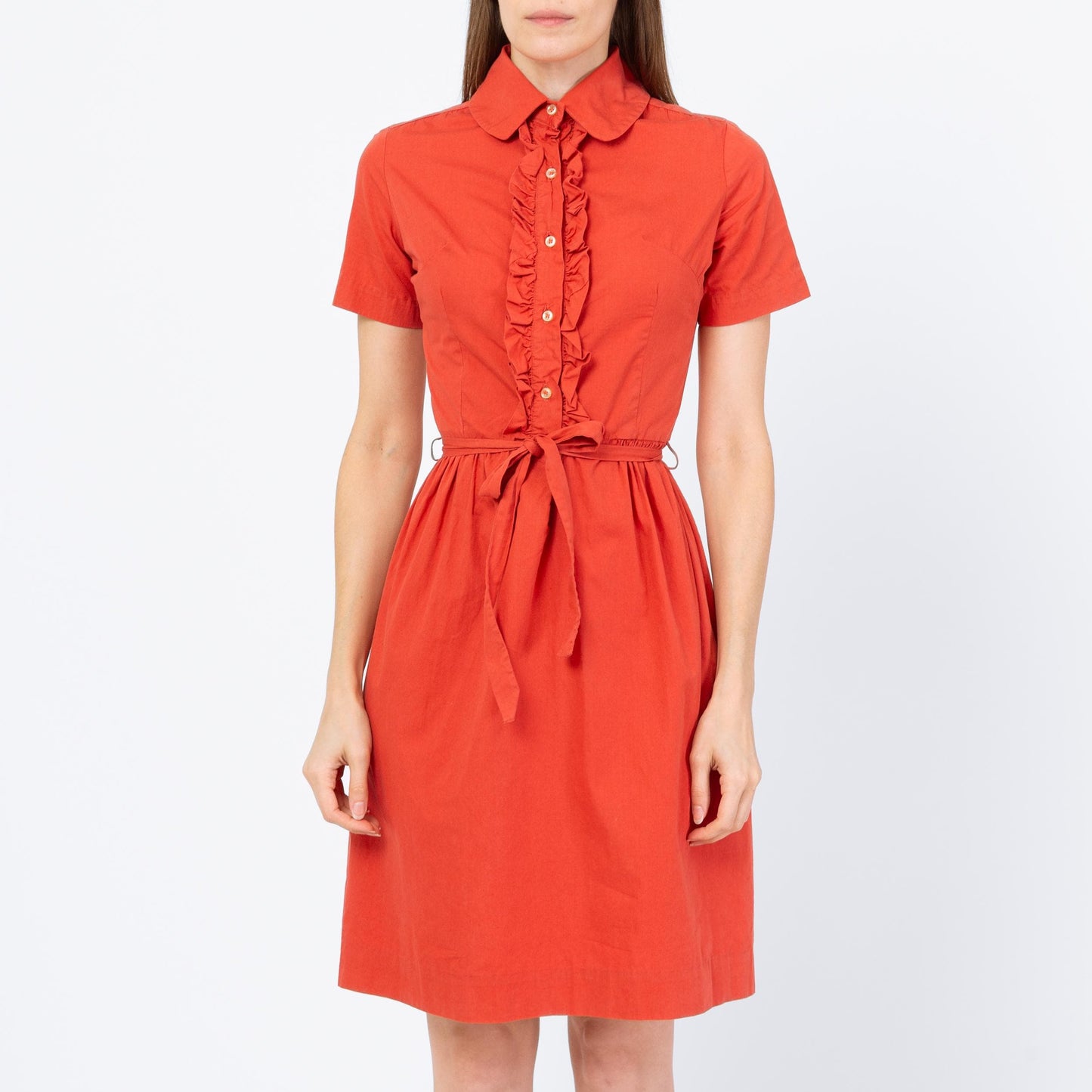 Vintage 50s 60s Salmon Pink Belted Shirtdress - Extra Small | Short Sleeve Ruffle Neck Button Up Mini Dress