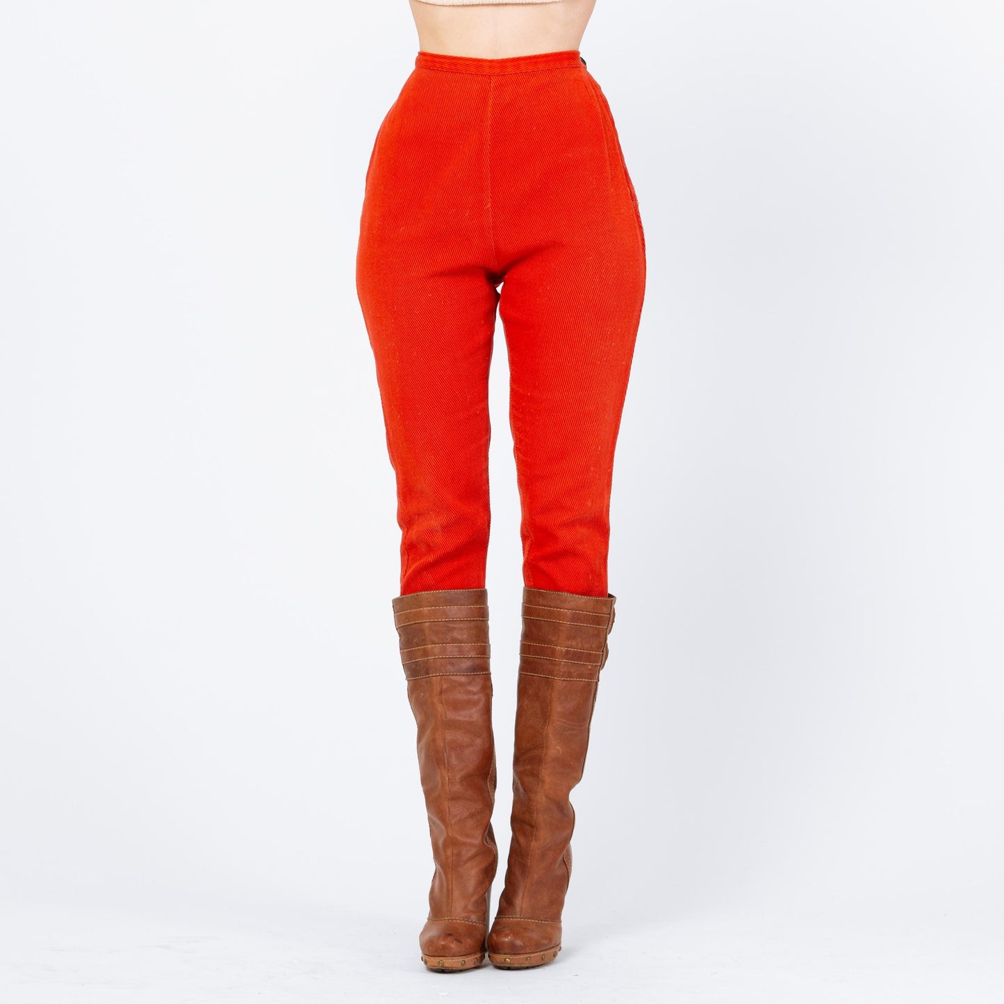 Vintage 50s Orange Twill Side Zip Cigarette Pants - Petite Small, 25.5" Waist | Retro 1950s Tapered Leg High Waisted Pedal Pusher Trousers